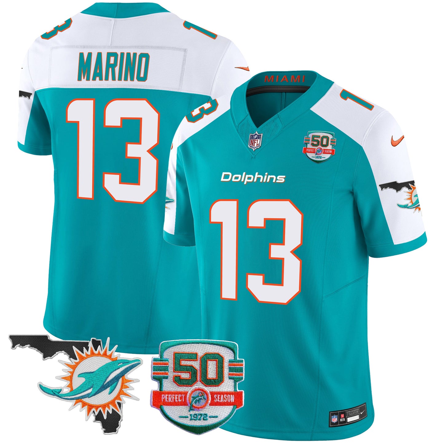 Men's Dolphins 50th Perfect Season & Florida Patch Vapor Jersey - All Stitched