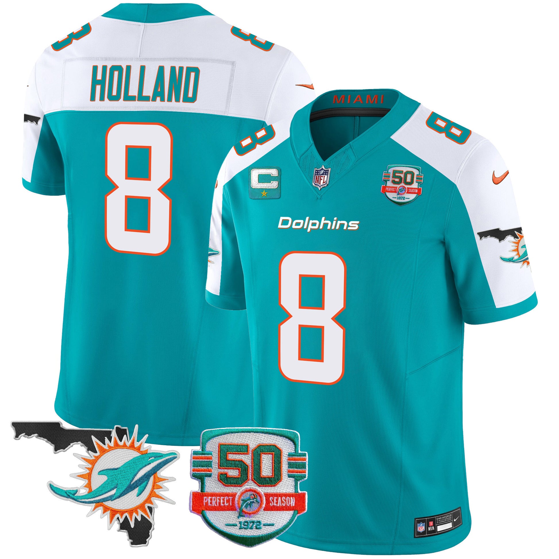 Men's Dolphins 50th Perfect Season & Florida Patch Vapor Jersey - All Stitched