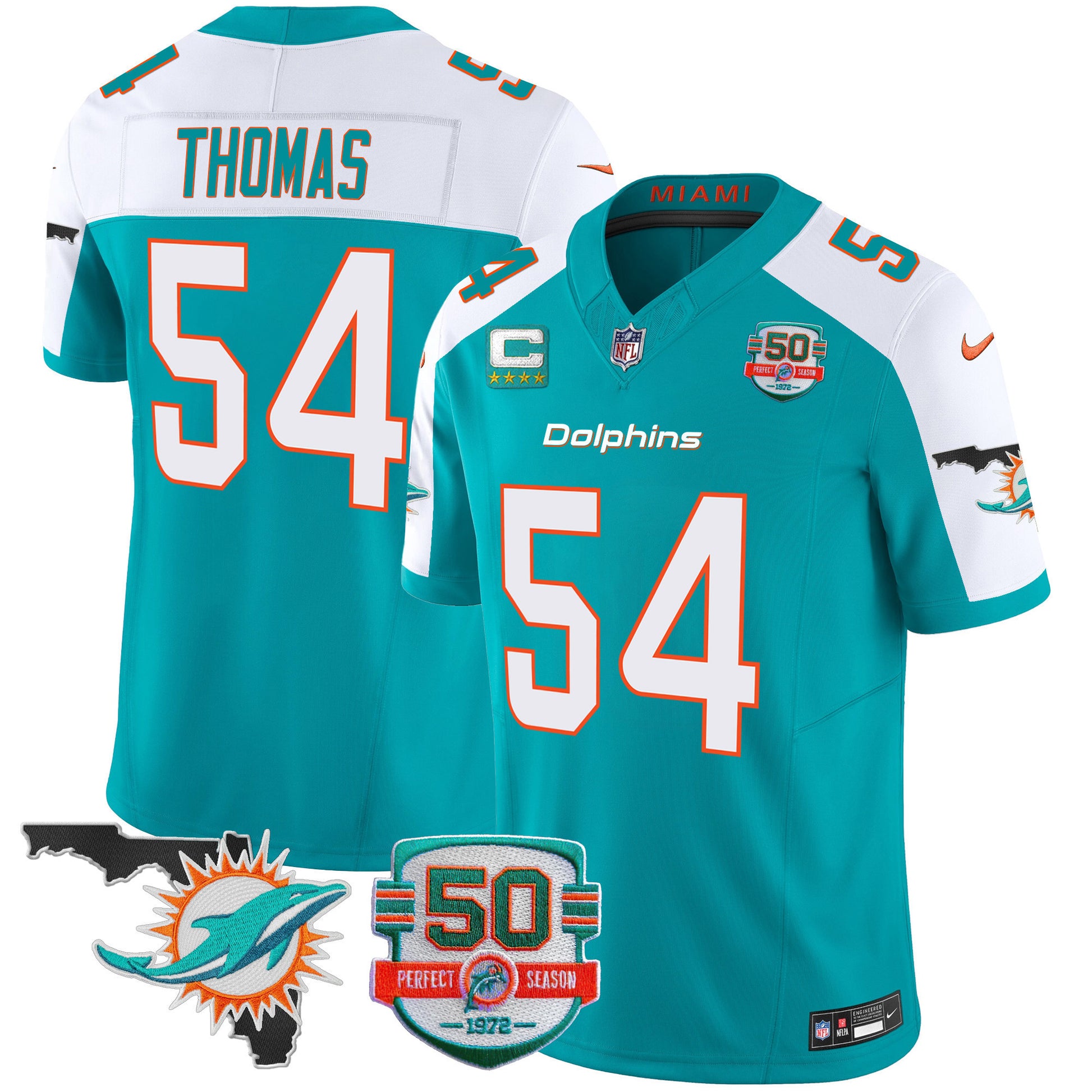 Men's Dolphins 50th Perfect Season & Florida Patch Vapor Jersey - All Stitched