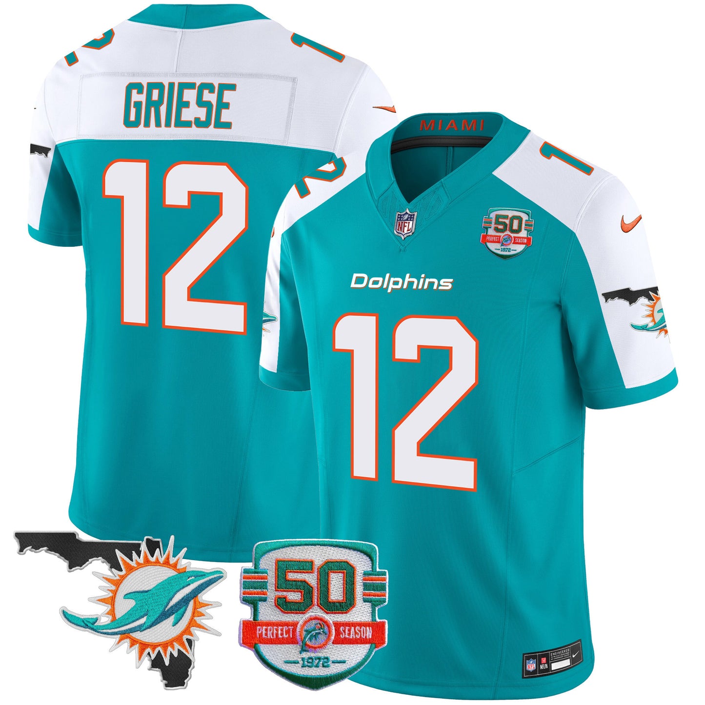 Men's Dolphins 50th Perfect Season & Florida Patch Vapor Jersey - All Stitched