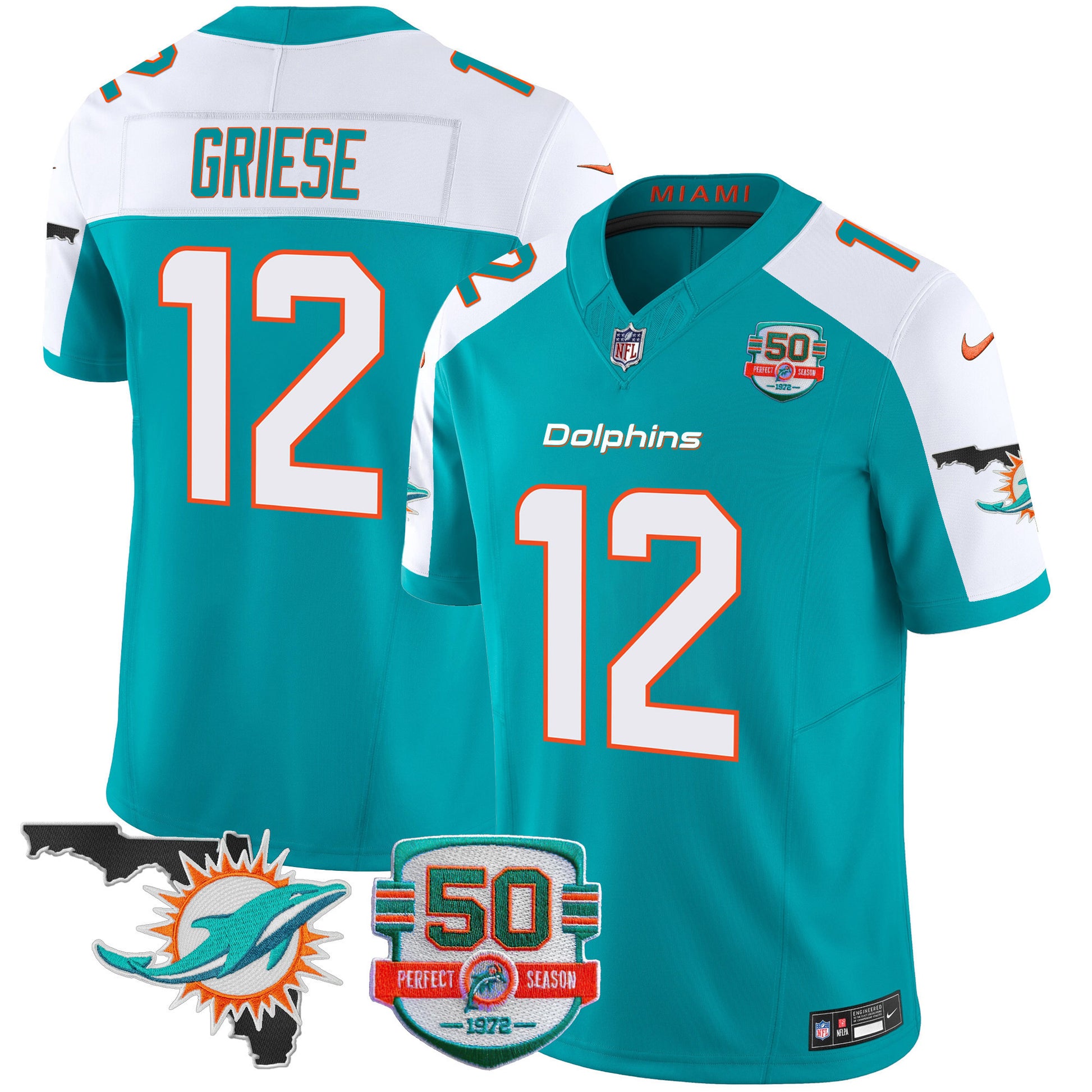 Men's Dolphins 50th Perfect Season & Florida Patch Vapor Jersey - All Stitched