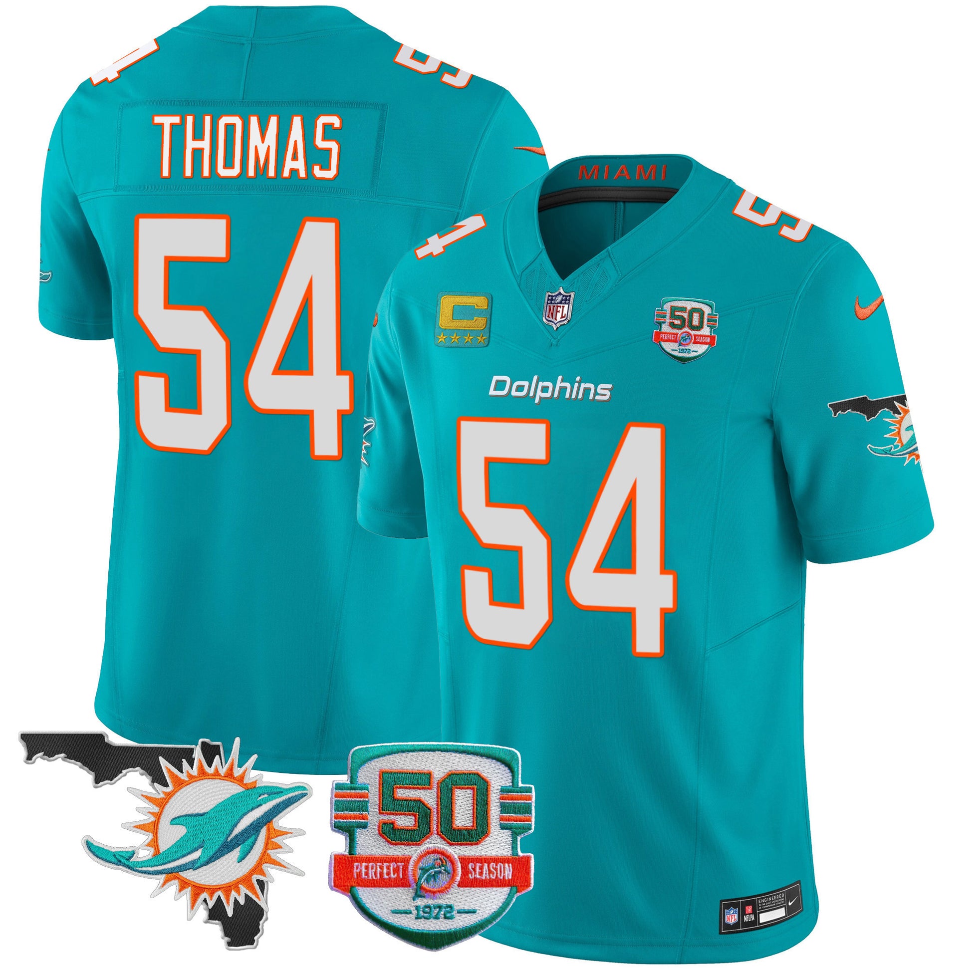 Men's Dolphins 50th Perfect Season & Florida Patch Vapor Jersey - All Stitched