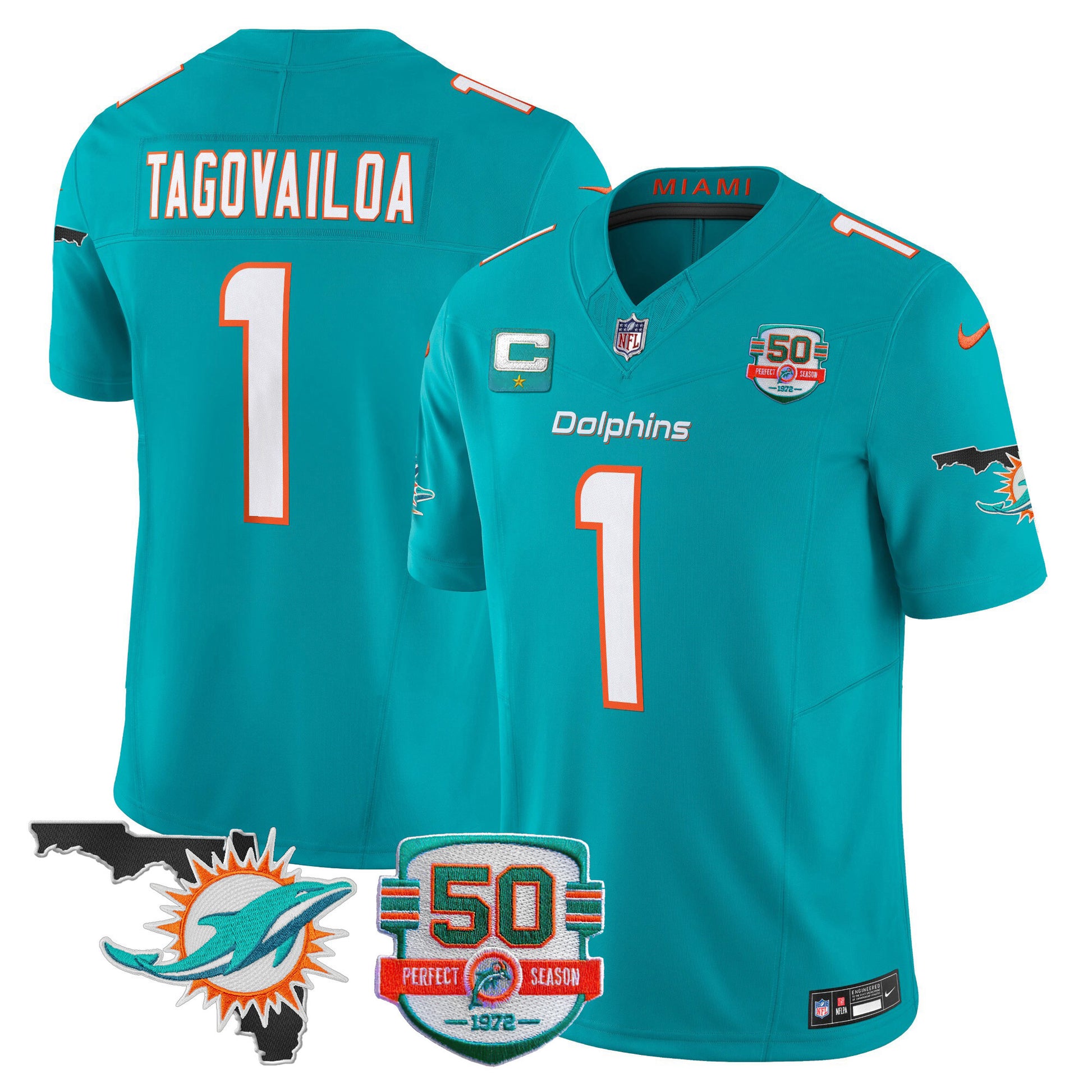 Men's Dolphins 50th Perfect Season & Florida Patch Vapor Jersey - All Stitched