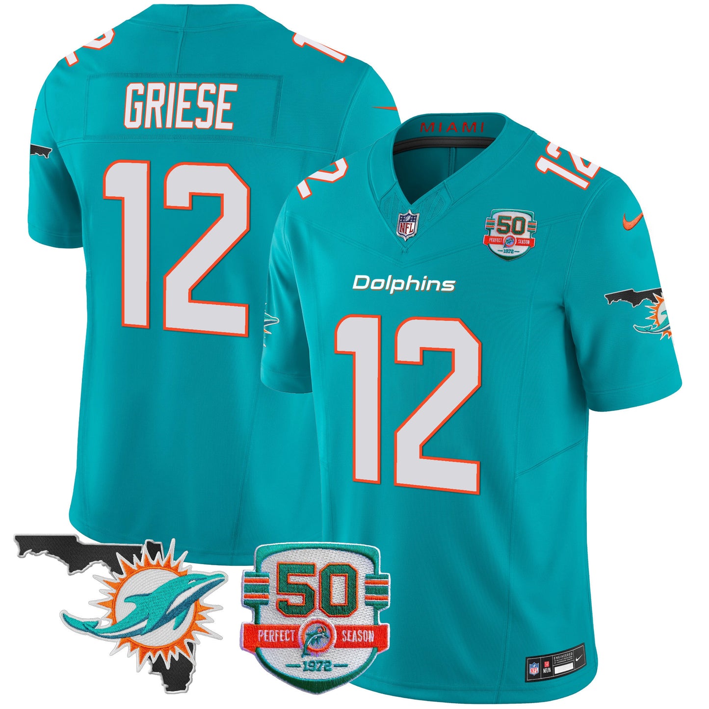 Men's Dolphins 50th Perfect Season & Florida Patch Vapor Jersey - All Stitched