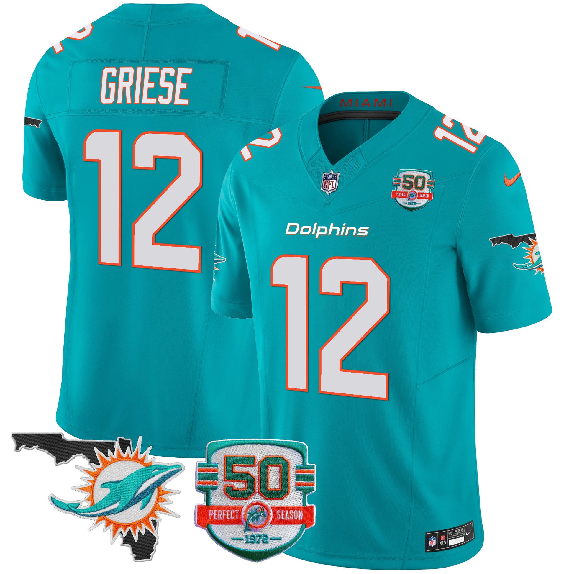 Men's Dolphins 50th Perfect Season & Florida Patch Vapor Jersey - All Stitched