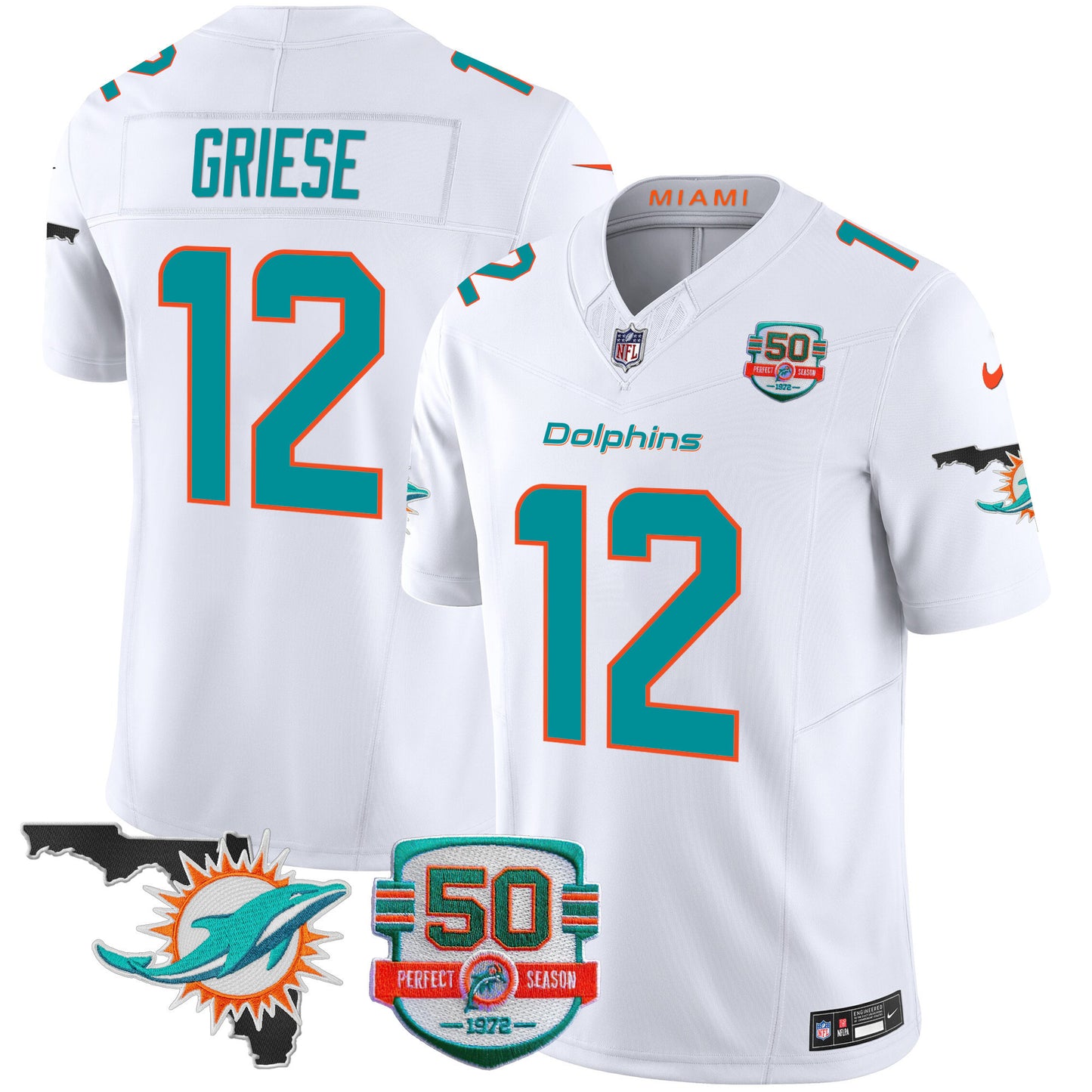 Men's Dolphins 50th Perfect Season & Florida Patch Vapor Jersey - All Stitched