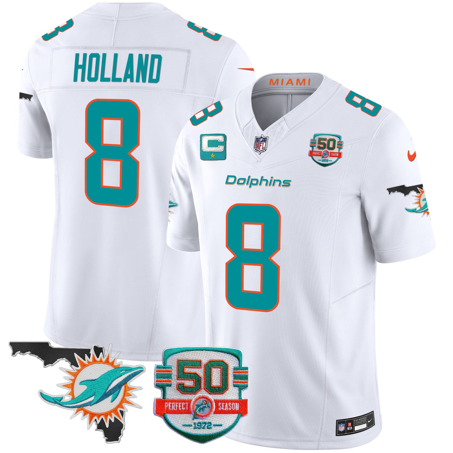 Men's Dolphins 50th Perfect Season & Florida Patch Vapor Jersey - All Stitched