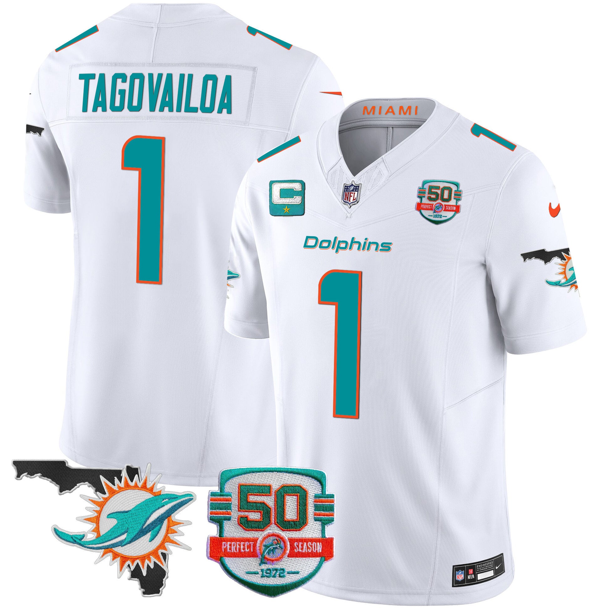 Men's Dolphins 50th Perfect Season & Florida Patch Vapor Jersey - All Stitched