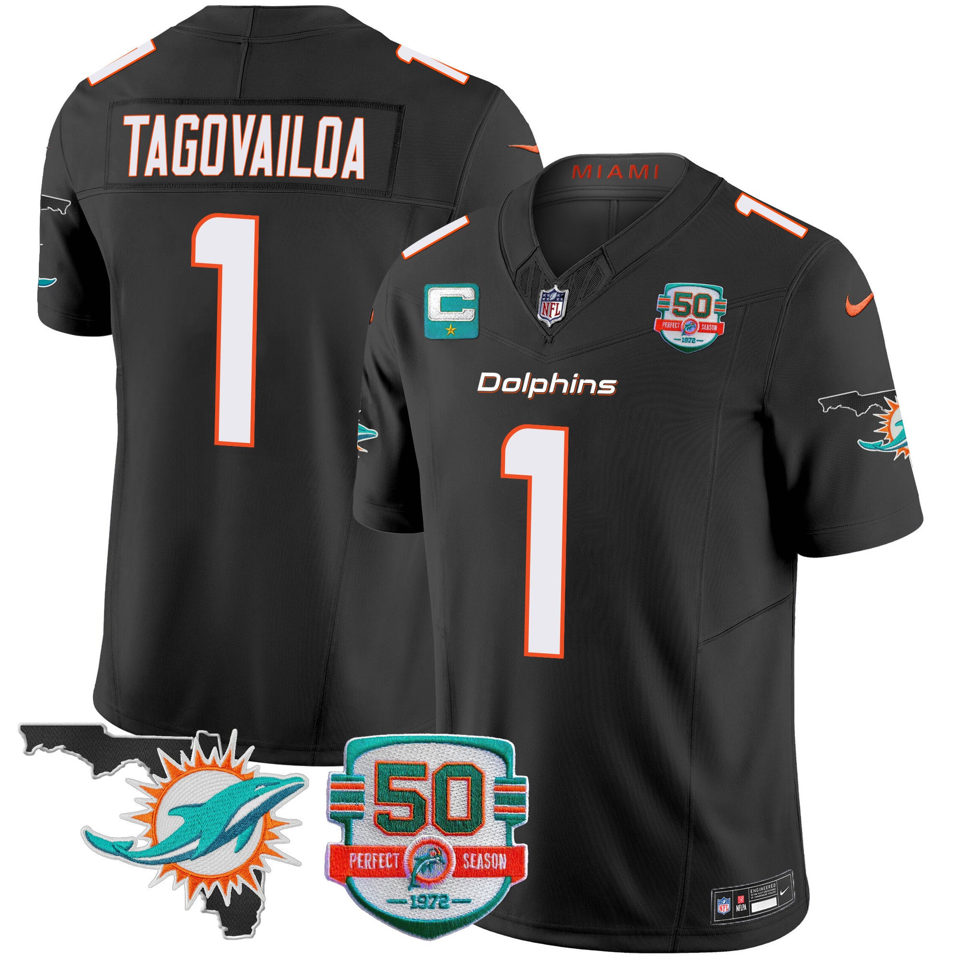 Men's Dolphins 50th Perfect Season & Florida Patch Vapor Jersey - All Stitched