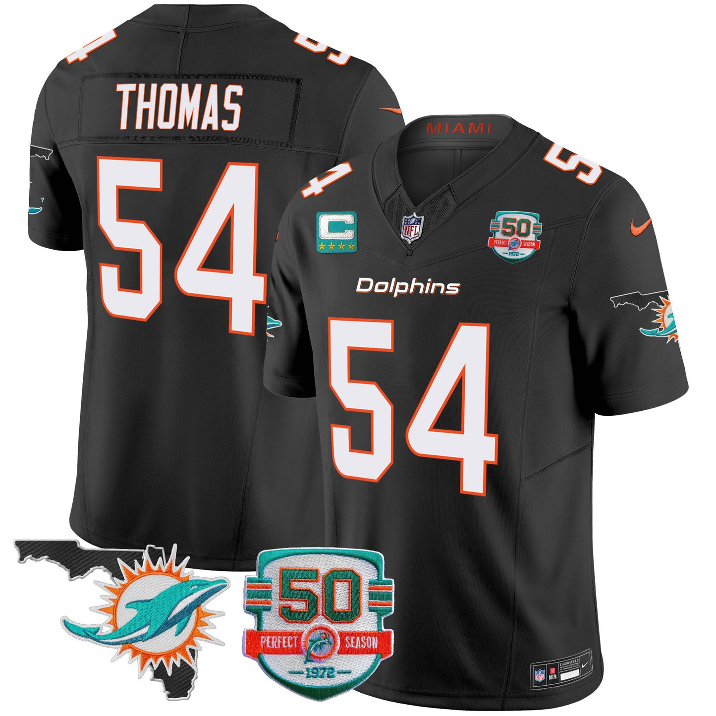 Men's Dolphins 50th Perfect Season & Florida Patch Vapor Jersey - All Stitched
