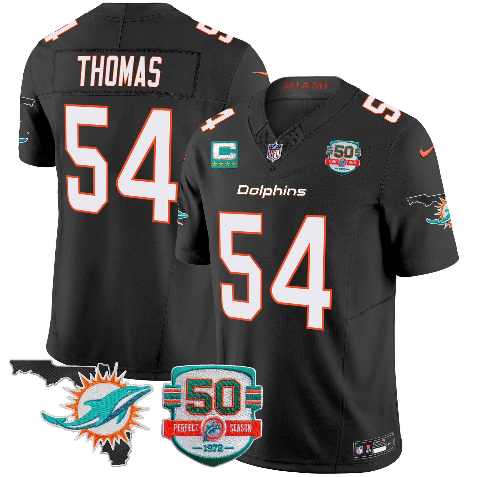 Men's Dolphins 50th Perfect Season & Florida Patch Vapor Jersey - All Stitched