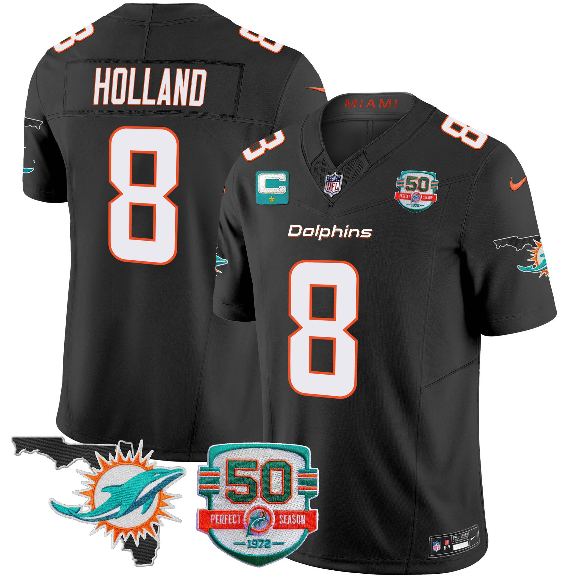 Men's Dolphins 50th Perfect Season & Florida Patch Vapor Jersey - All Stitched