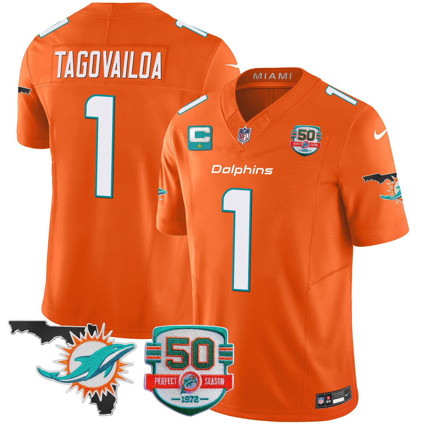 Men's Dolphins 50th Perfect Season & Florida Patch Vapor Jersey - All Stitched