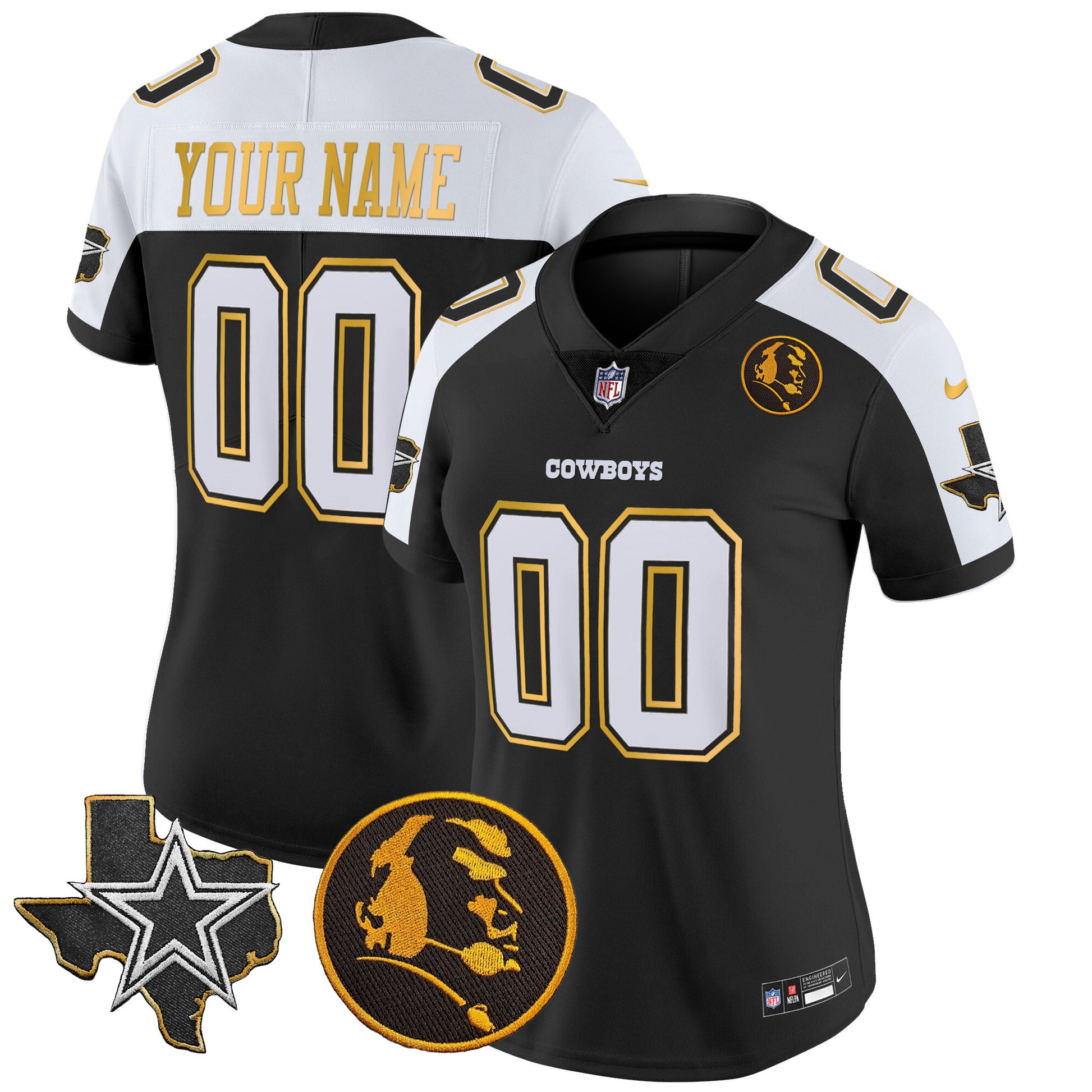 Cowboys Texas & John Madden Patch Gold Trim Vapor Custom Jersey - All Stitched