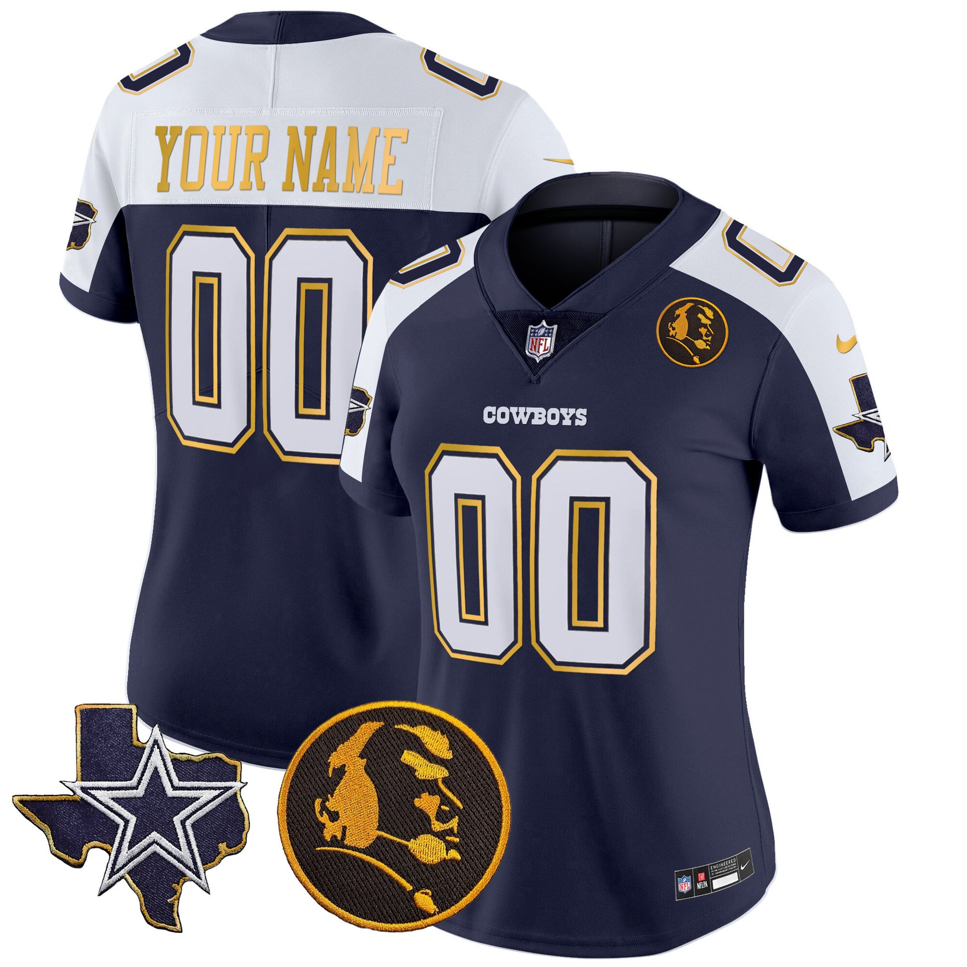 Cowboys Texas & John Madden Patch Gold Trim Vapor Custom Jersey - All Stitched
