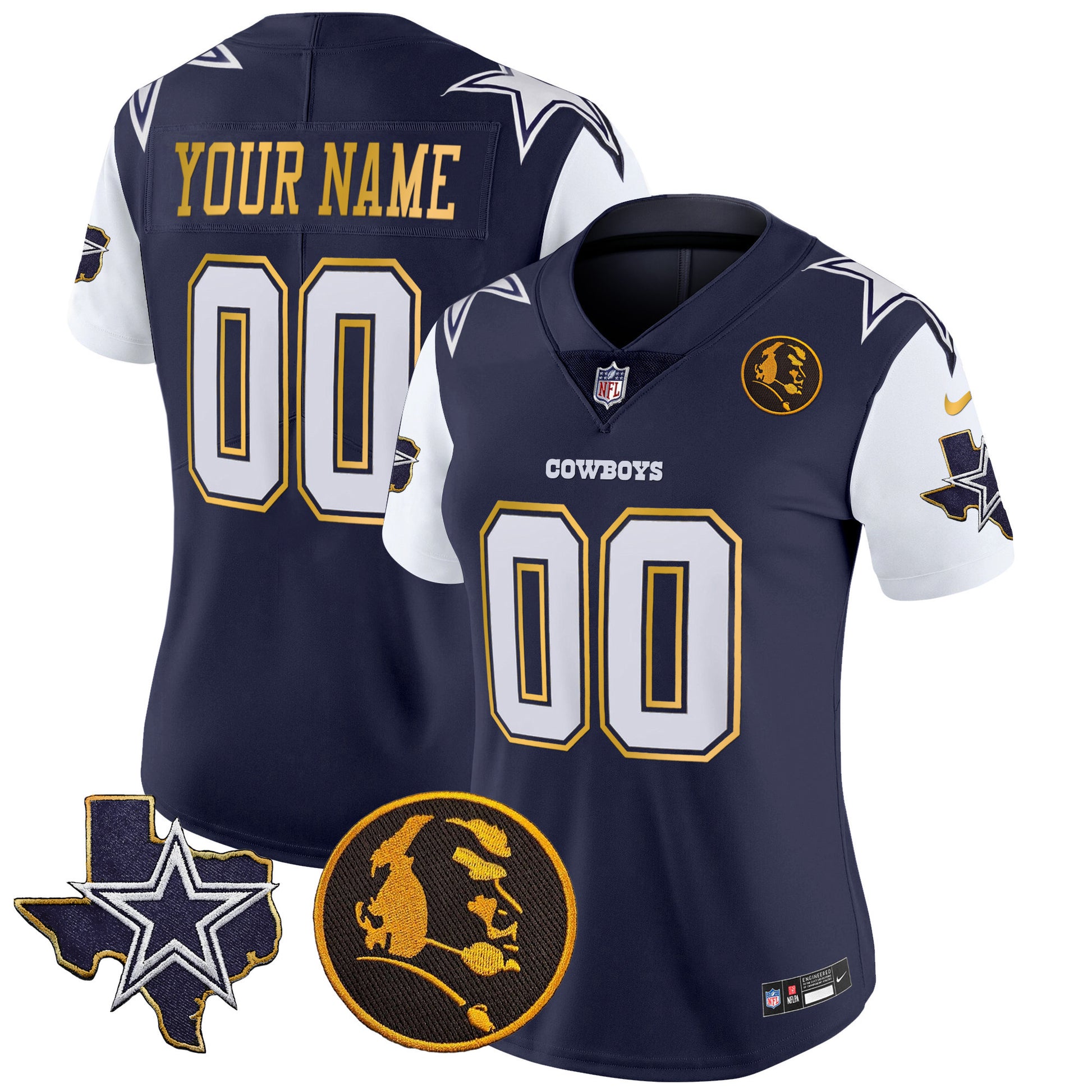 Cowboys Texas & John Madden Patch Gold Trim Vapor Custom Jersey - All Stitched