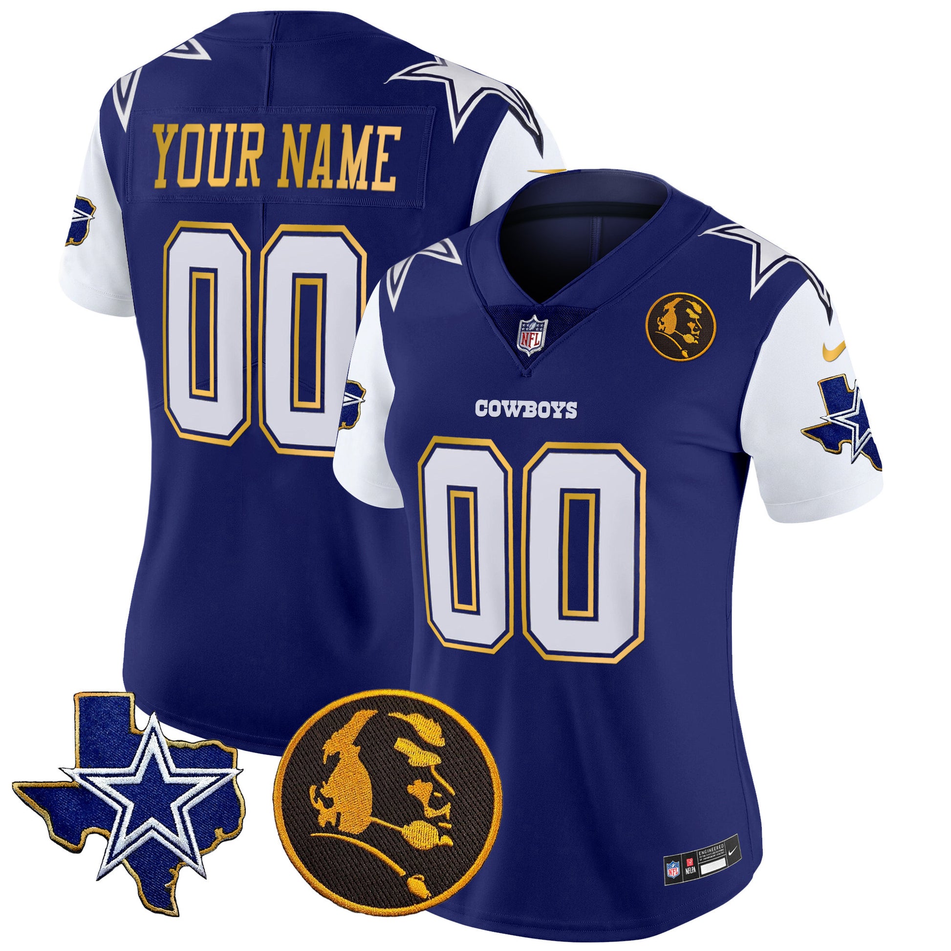 Cowboys Texas & John Madden Patch Gold Trim Vapor Custom Jersey - All Stitched