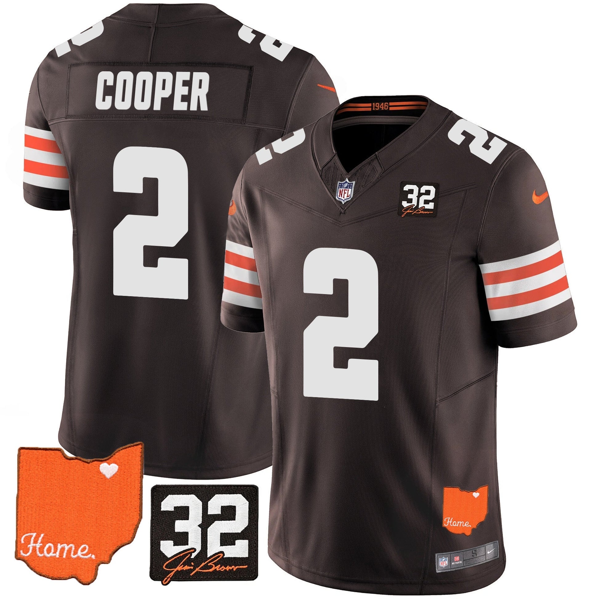 Men's Browns #32 Jim Brown Memorial & Home Patch Vapor Limited Jersey - All Stitched