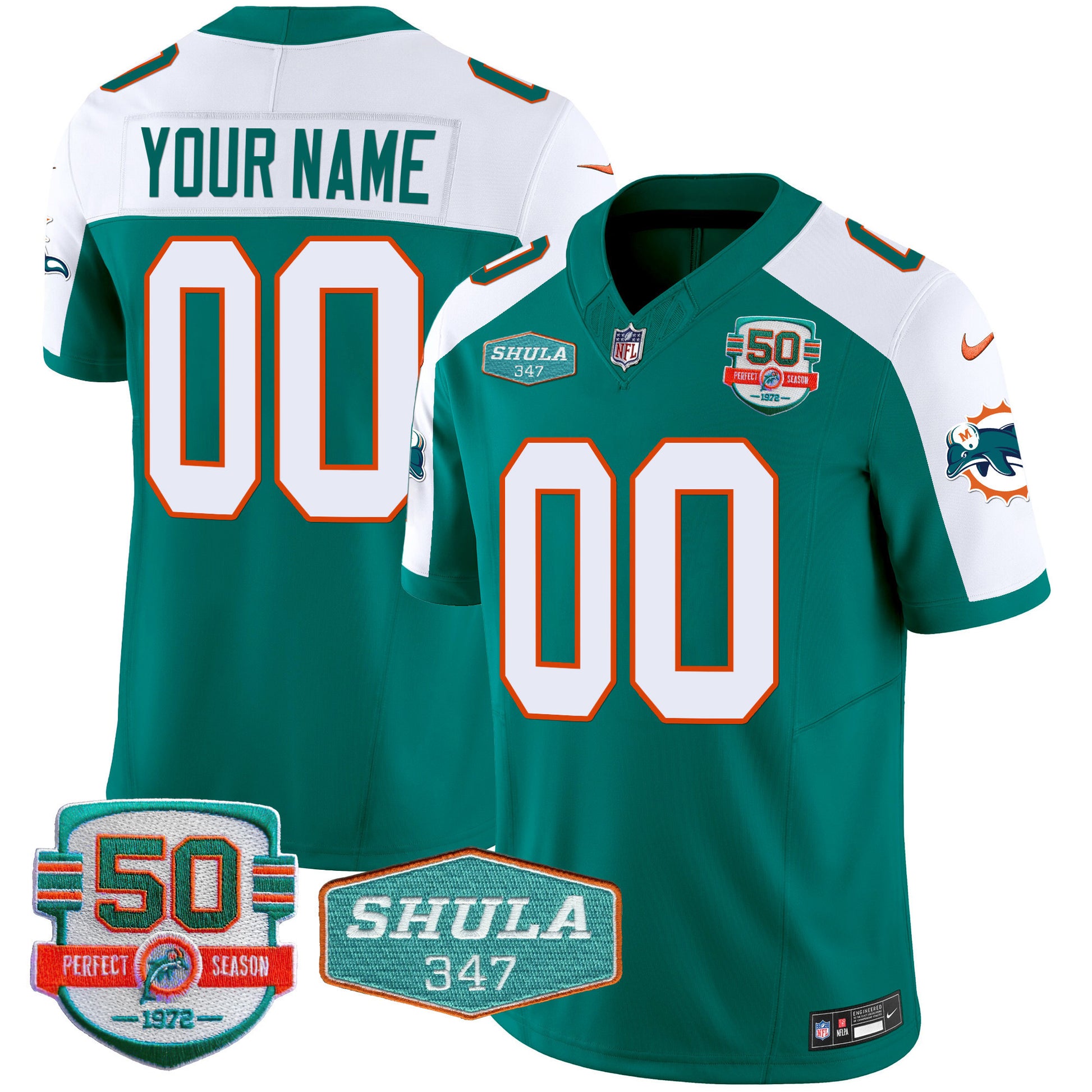 Dolphins Throwback Shula 347 Patch Vapor Custom Jersey - All Stitched