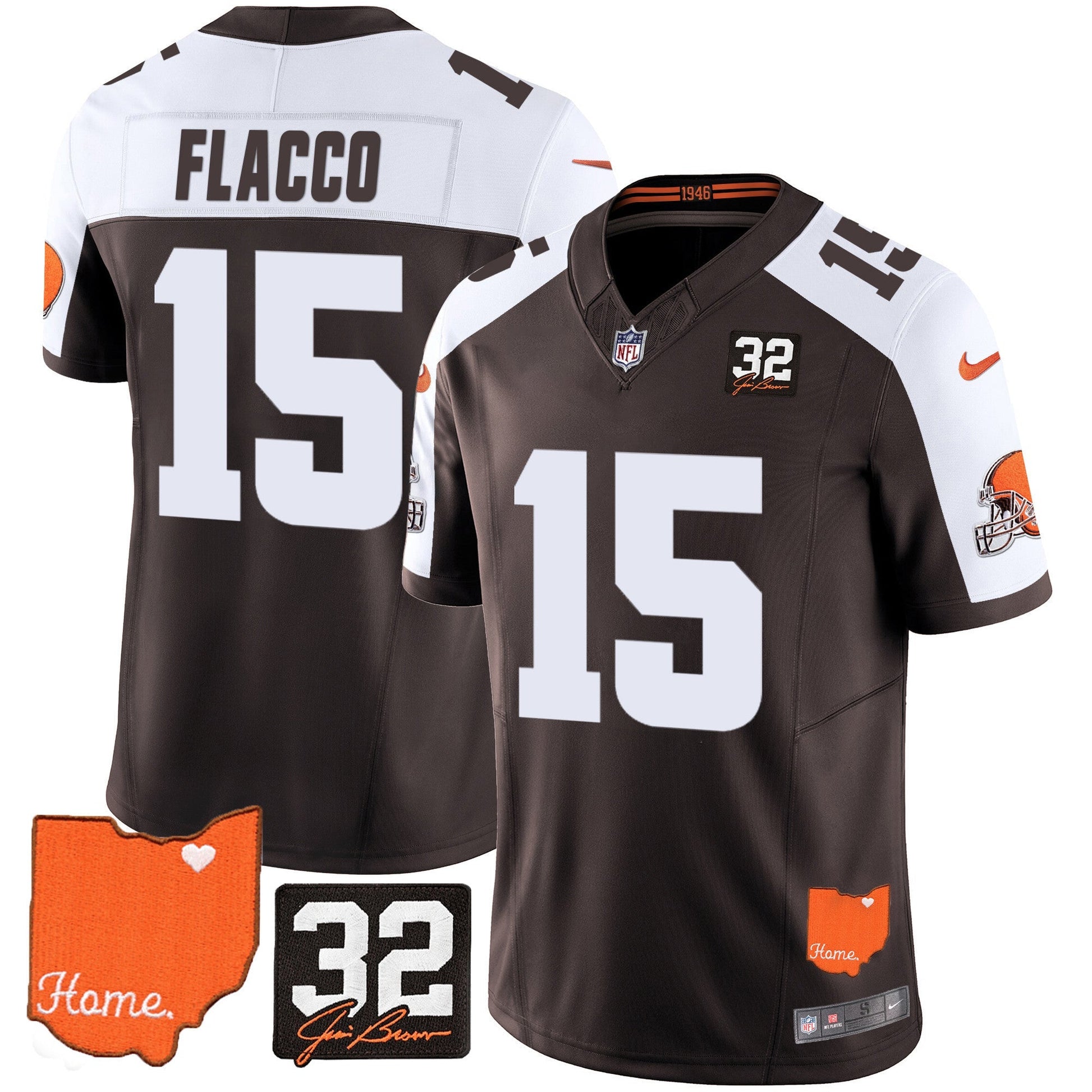 Men's Browns #32 Jim Brown Memorial & Home Patch Vapor Limited Jersey - All Stitched