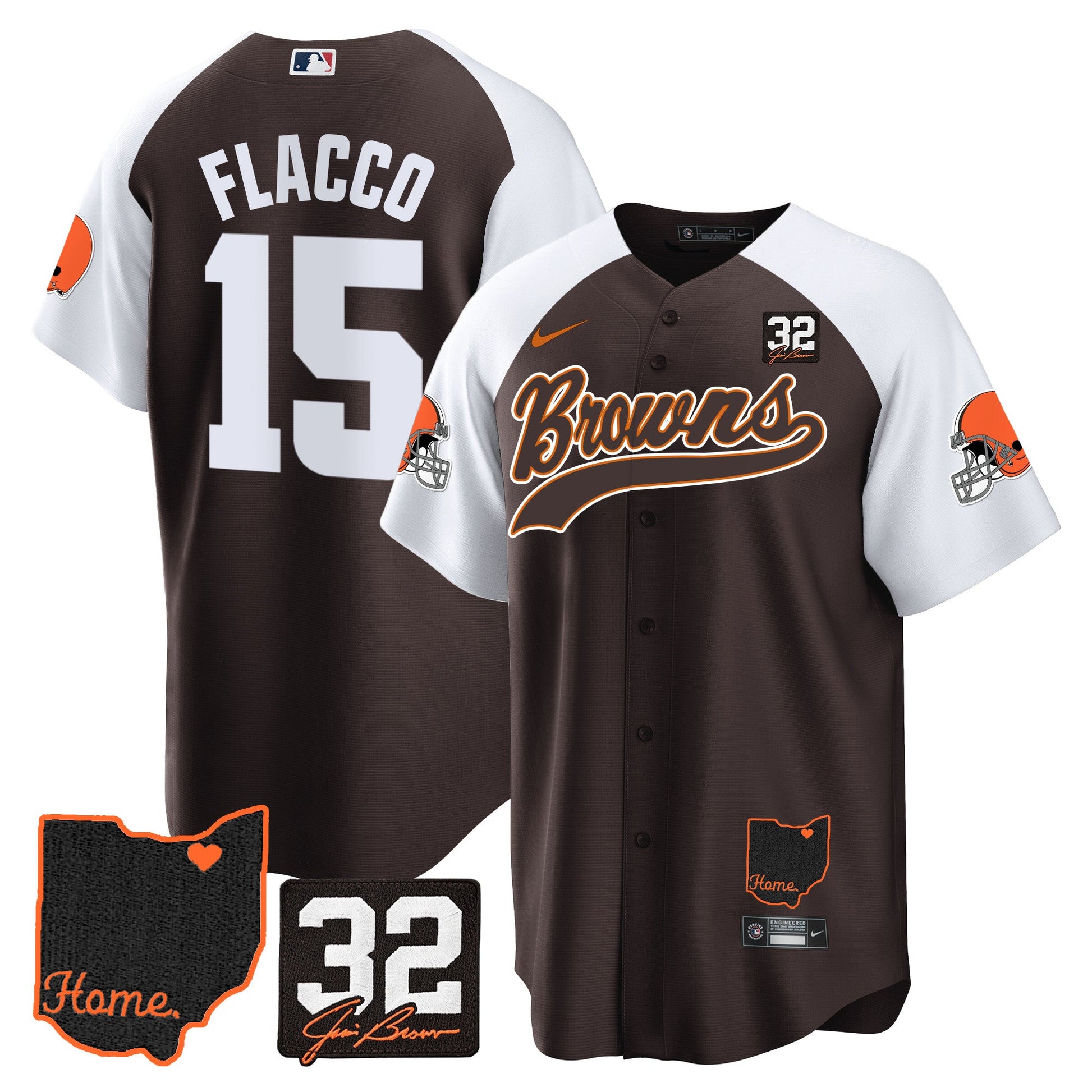 Men's Browns #32 Jim Brown Memorial & Home Patch Baseball Jersey V2 - All Stitched