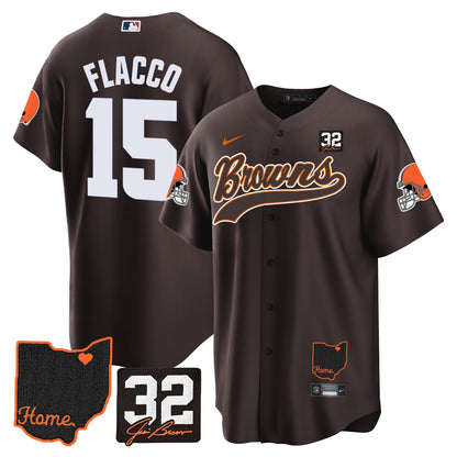 Men's Browns #32 Jim Brown Memorial & Home Patch Baseball Jersey V2 - All Stitched