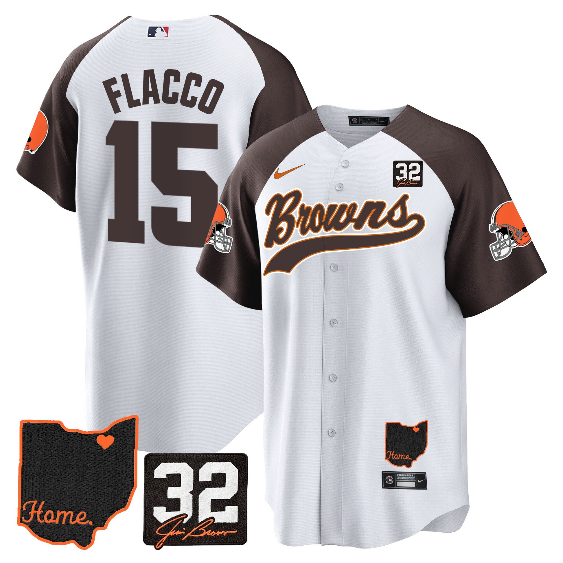 Men's Browns #32 Jim Brown Memorial & Home Patch Baseball Jersey V2 - All Stitched