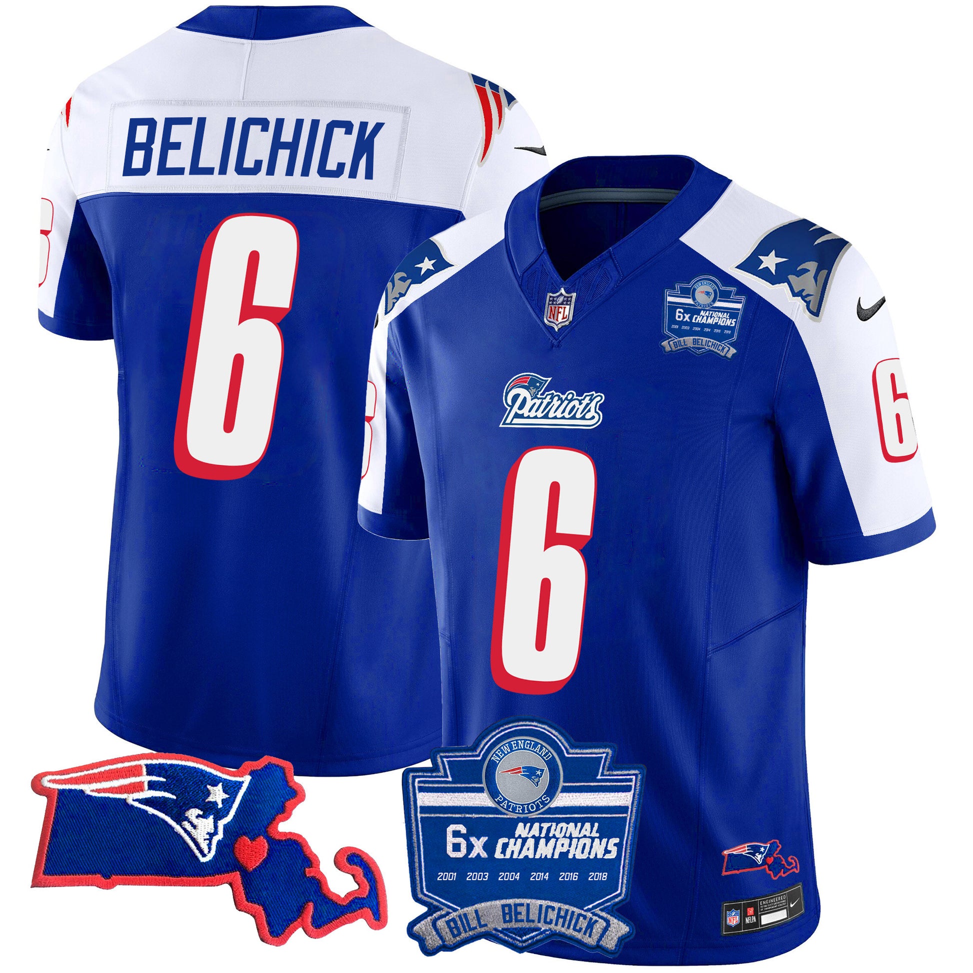 Men's Patriots Bill Belichick 6x Champions Patch Vapor Jersey - All Stitched