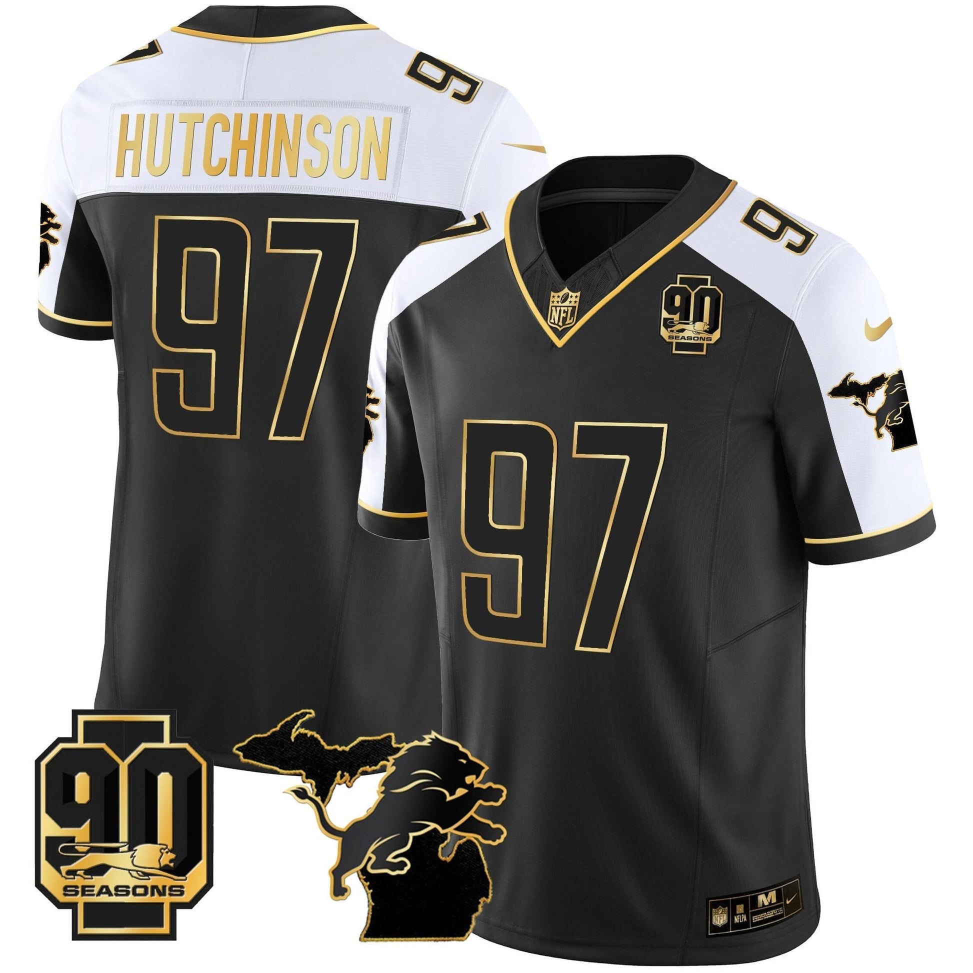 DET 90th Year & Michigan Patch Gold Vapor Jersey - All Stitched