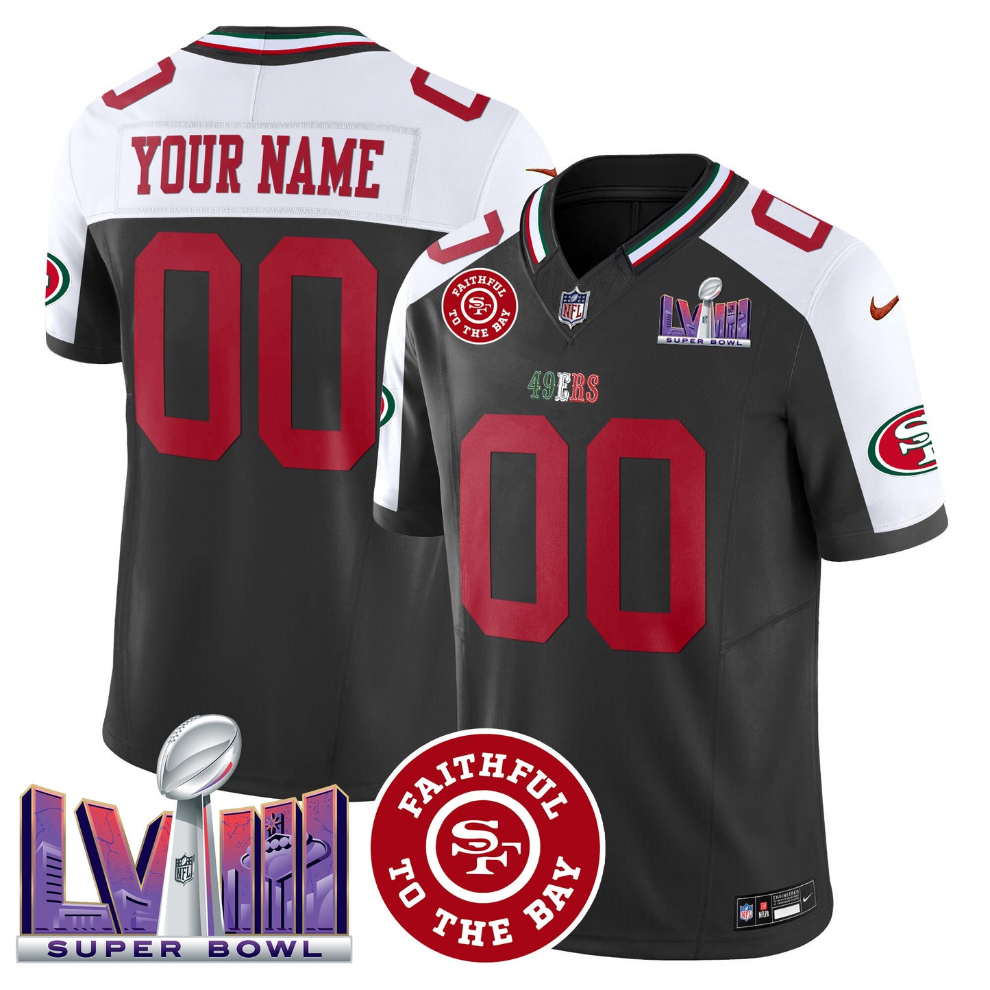 49ers Mexico Faithful & Super Bowl LVIII Patch Vapor Custom Jersey - All Stitched