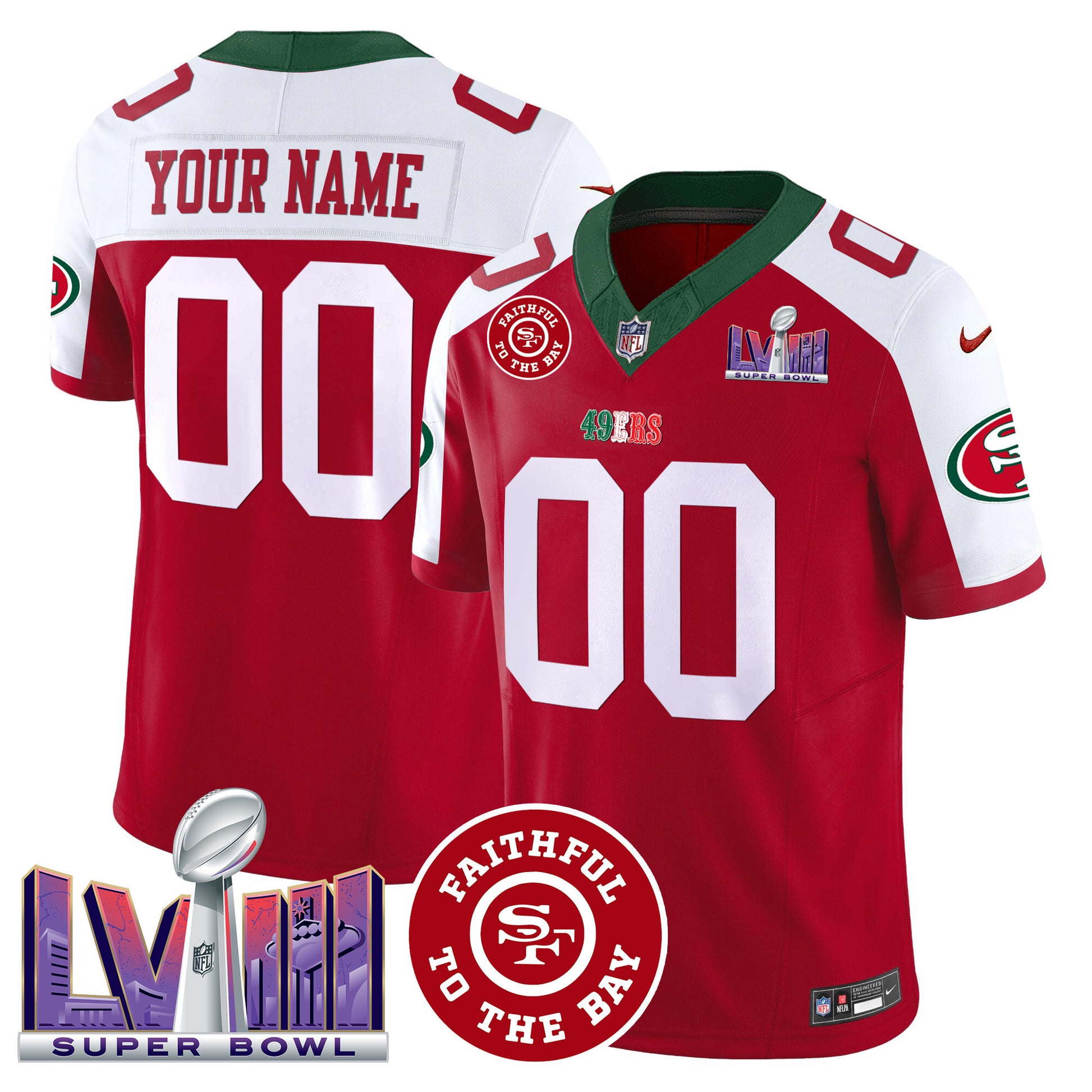 49ers Mexico Faithful & Super Bowl LVIII Patch Vapor Custom Jersey - All Stitched