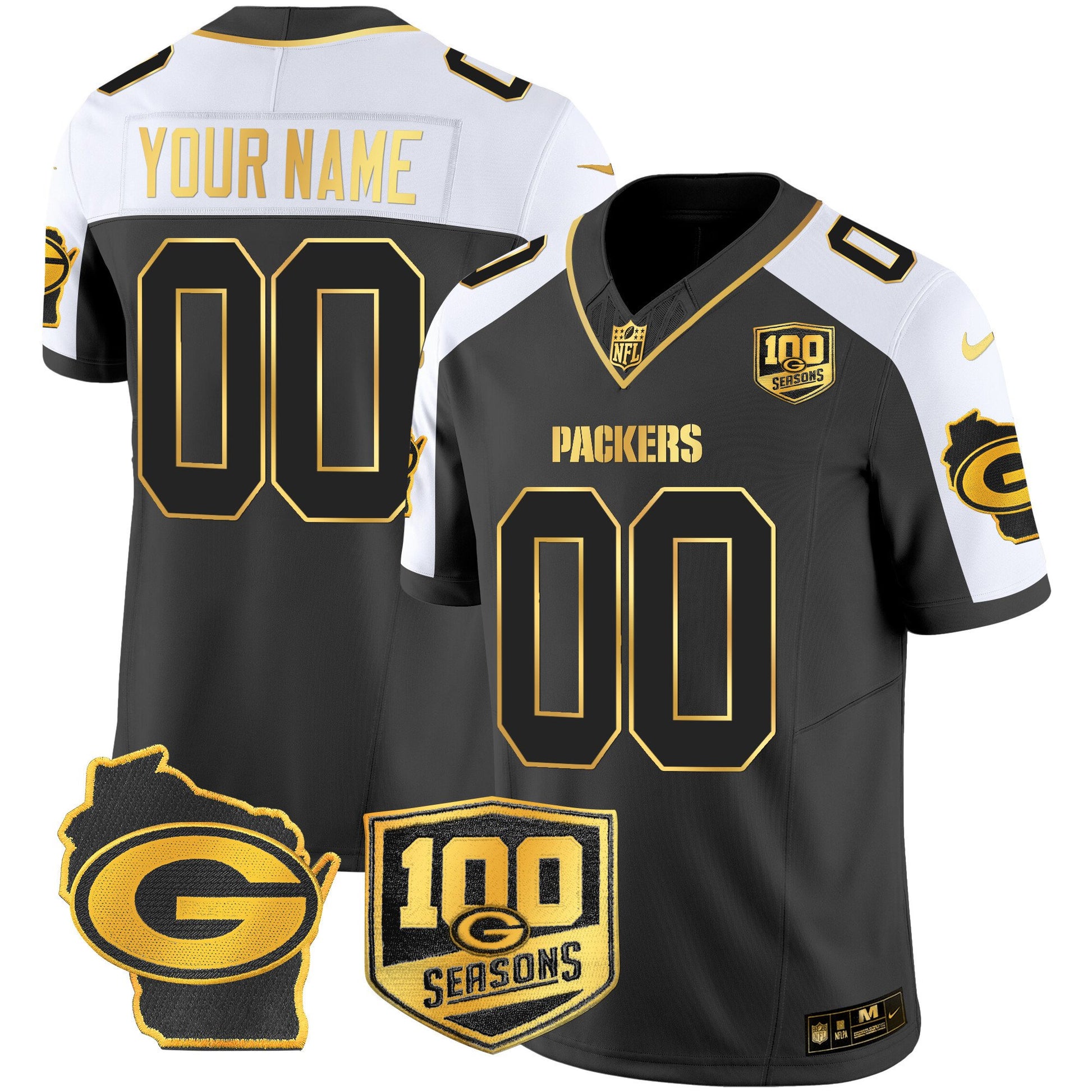 Green Bay Packers 100th Season & Home Patch Gold Vapor Limited Custom Jersey – All Stitched