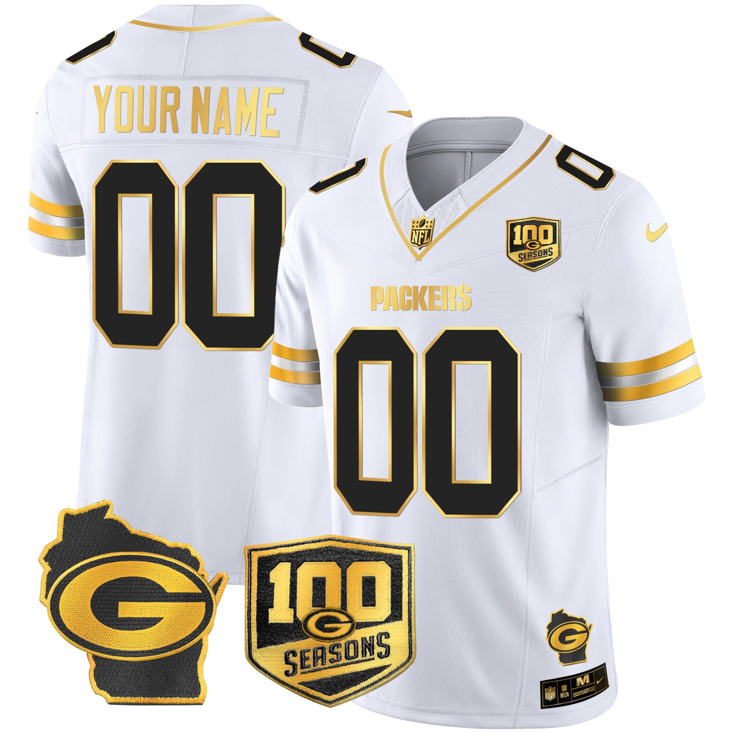Green Bay Packers 100th Season & Home Patch Gold Vapor Limited Custom Jersey – All Stitched