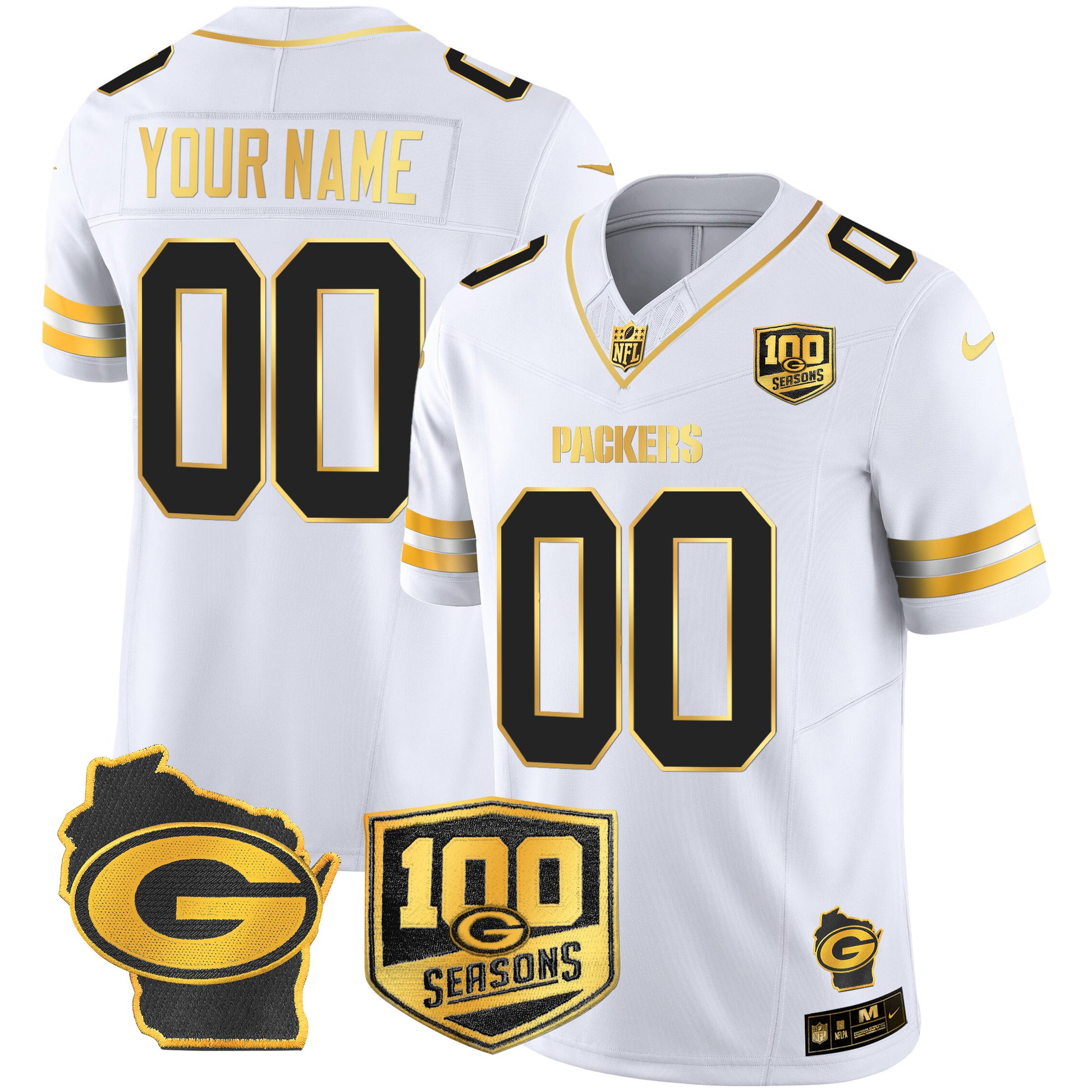 Green Bay Packers 100th Season & Home Patch Gold Vapor Limited Custom Jersey – All Stitched