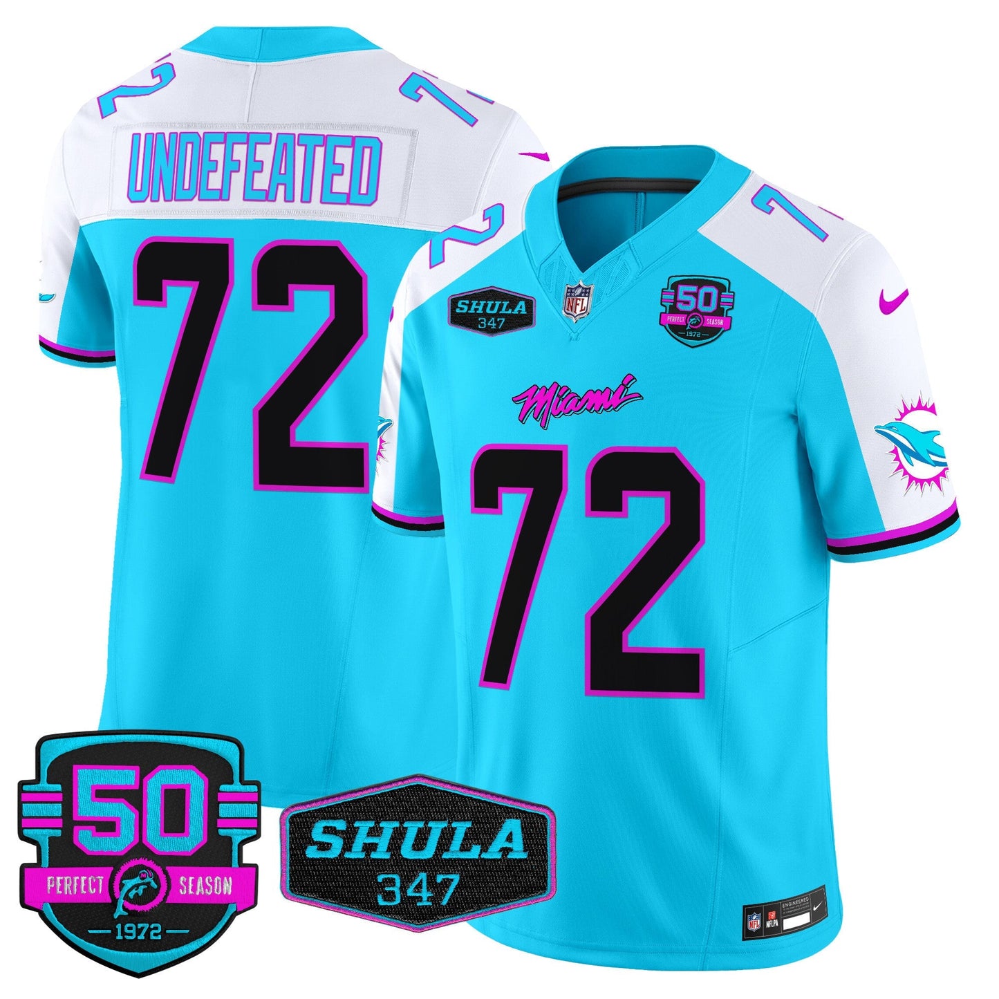 Dolphins "Miami Vice" Shula 347 & 50th Perfect Season Patch Vapor Limited Jersey  - All Stitched