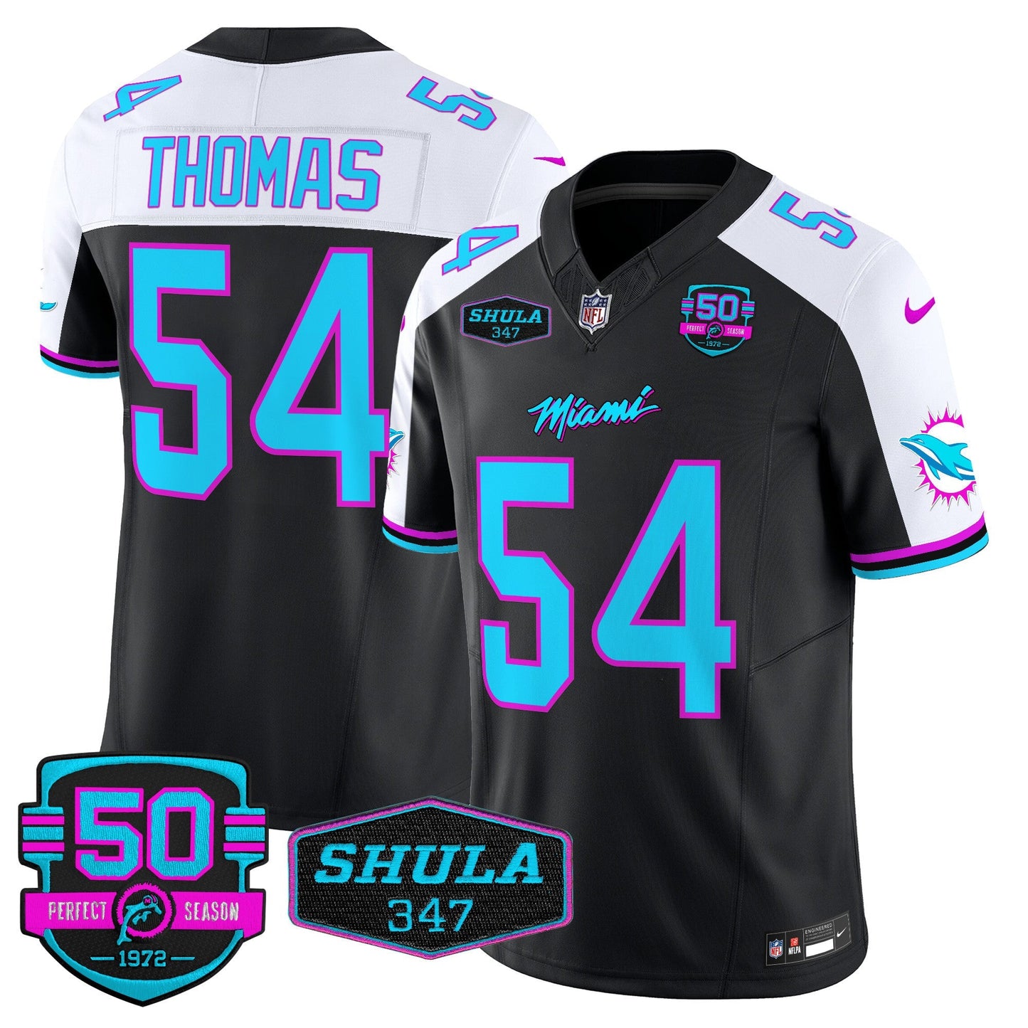 Dolphins "Miami Vice" Shula 347 & 50th Perfect Season Patch Vapor Limited Jersey  - All Stitched