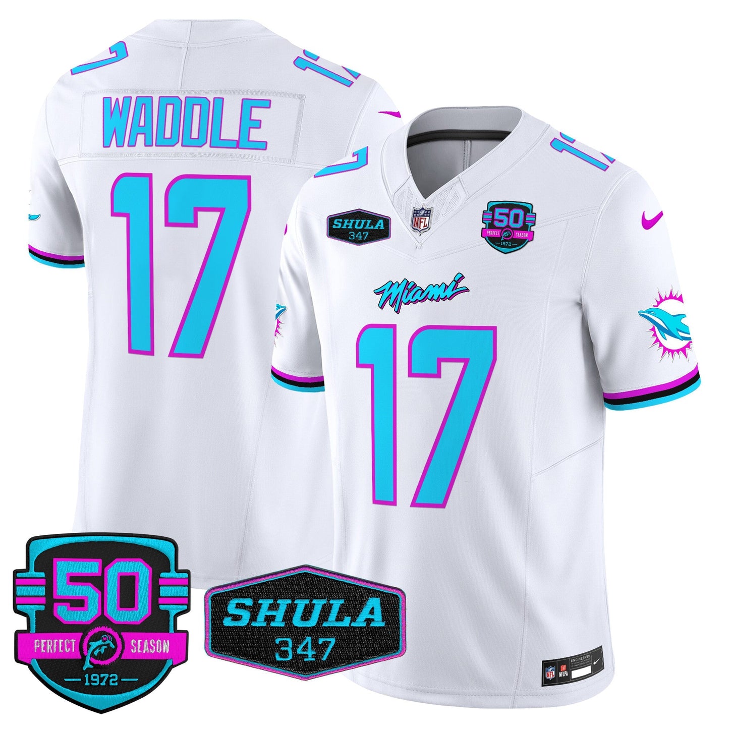 Dolphins "Miami Vice" Shula 347 & 50th Perfect Season Patch Vapor Limited Jersey  - All Stitched