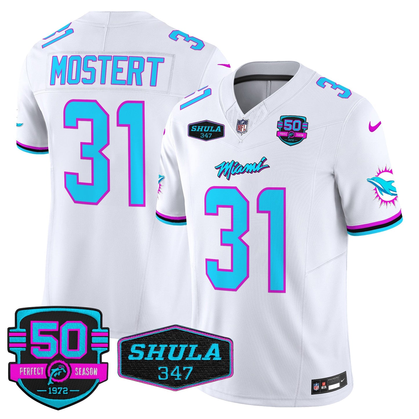 Dolphins "Miami Vice" Shula 347 & 50th Perfect Season Patch Vapor Limited Jersey  - All Stitched