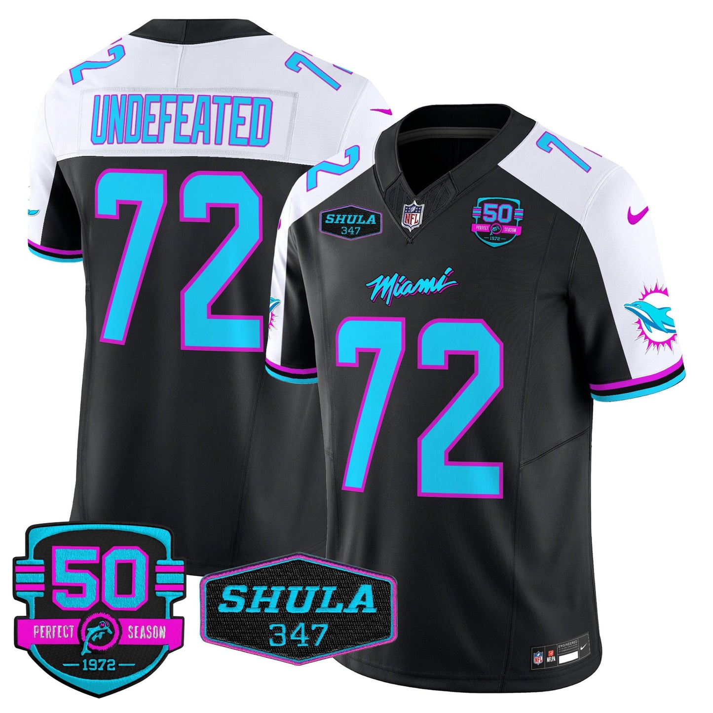 Dolphins "Miami Vice" Shula 347 & 50th Perfect Season Patch Vapor Limited Jersey  - All Stitched