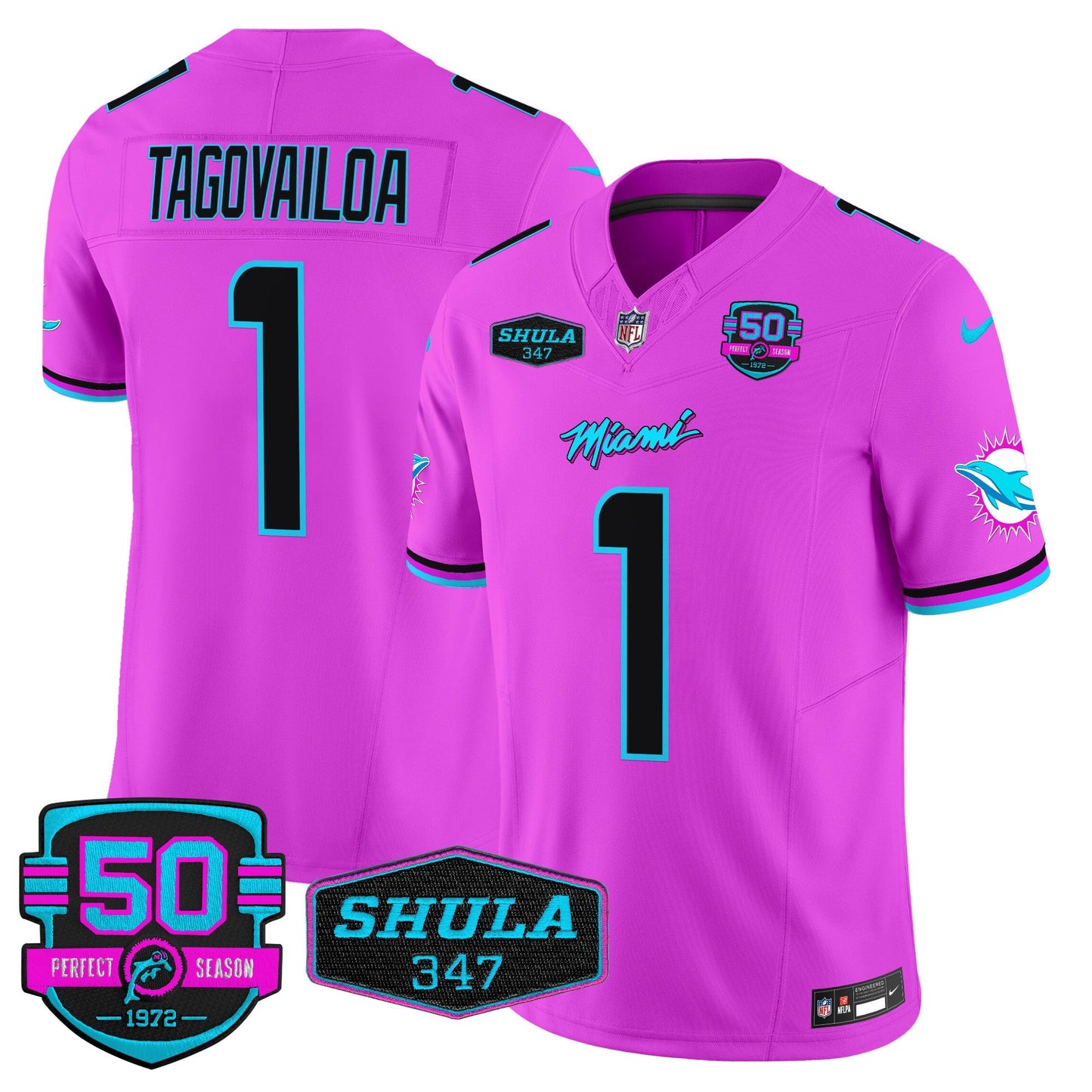 Dolphins "Miami Vice" Shula 347 & 50th Perfect Season Patch Vapor Limited Jersey  - All Stitched