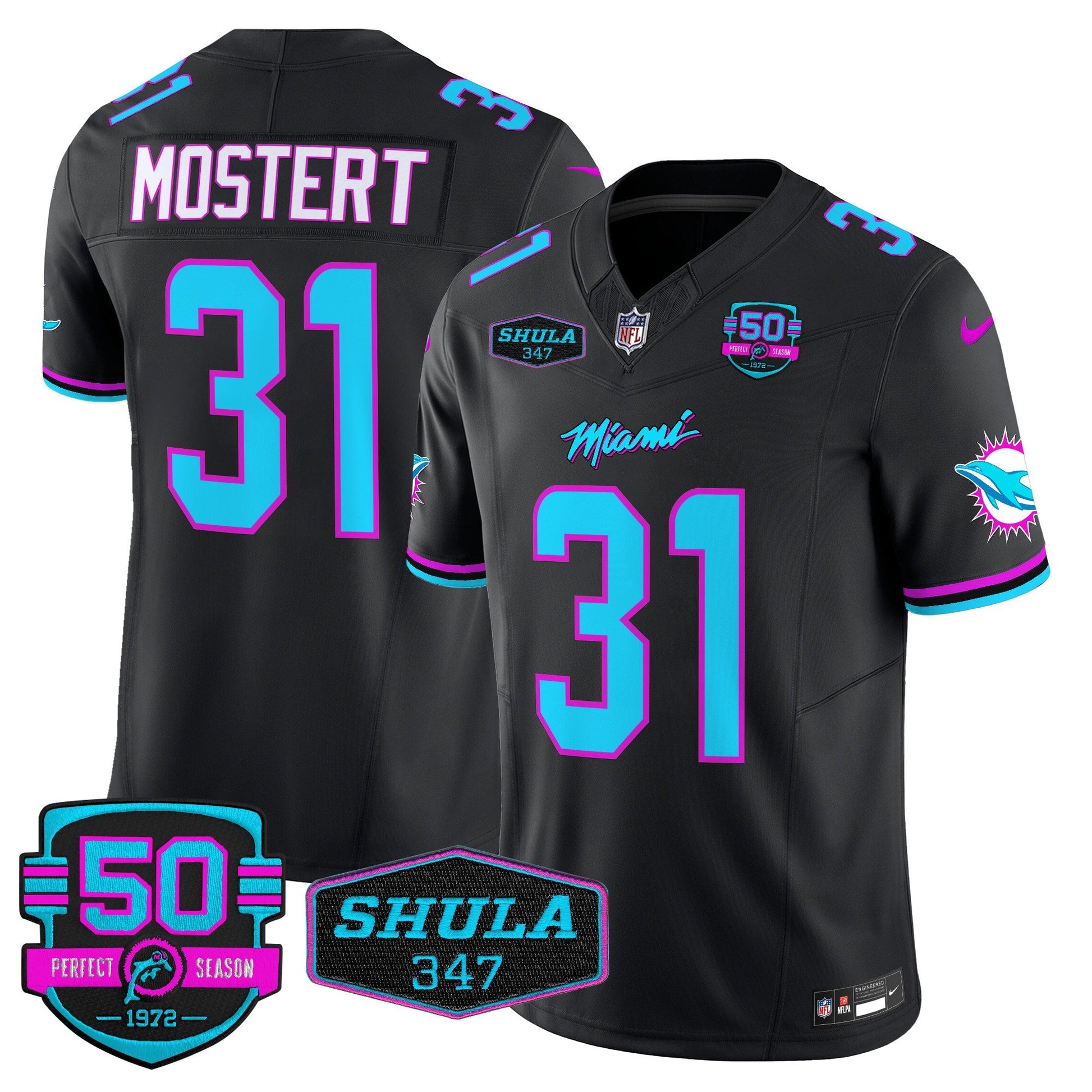 Dolphins "Miami Vice" Shula 347 & 50th Perfect Season Patch Vapor Limited Jersey  - All Stitched