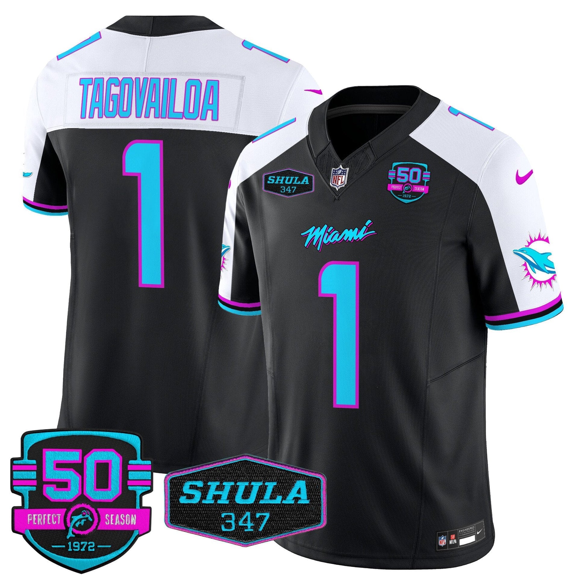 Dolphins "Miami Vice" Shula 347 & 50th Perfect Season Patch Vapor Limited Jersey  - All Stitched