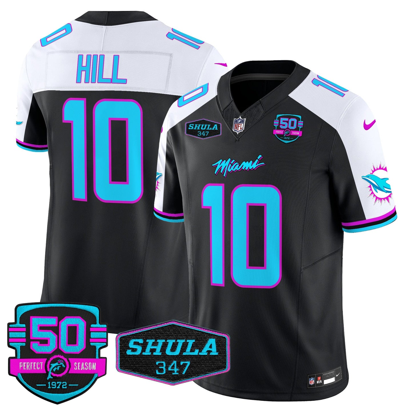 Dolphins "Miami Vice" Shula 347 & 50th Perfect Season Patch Vapor Limited Jersey  - All Stitched