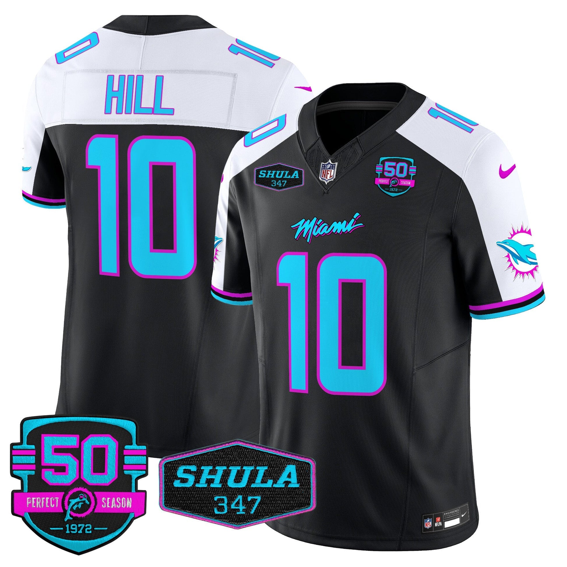 Dolphins "Miami Vice" Shula 347 & 50th Perfect Season Patch Vapor Limited Jersey  - All Stitched