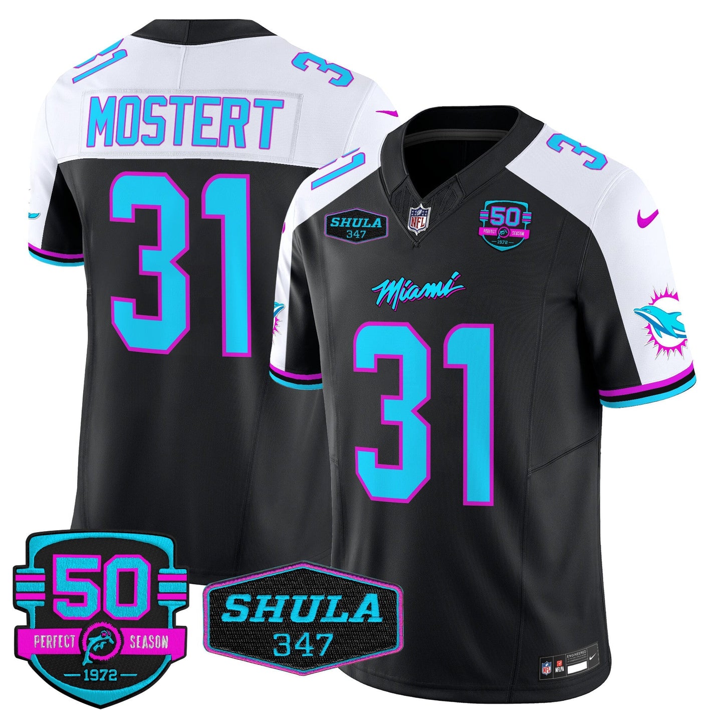 Dolphins "Miami Vice" Shula 347 & 50th Perfect Season Patch Vapor Limited Jersey  - All Stitched