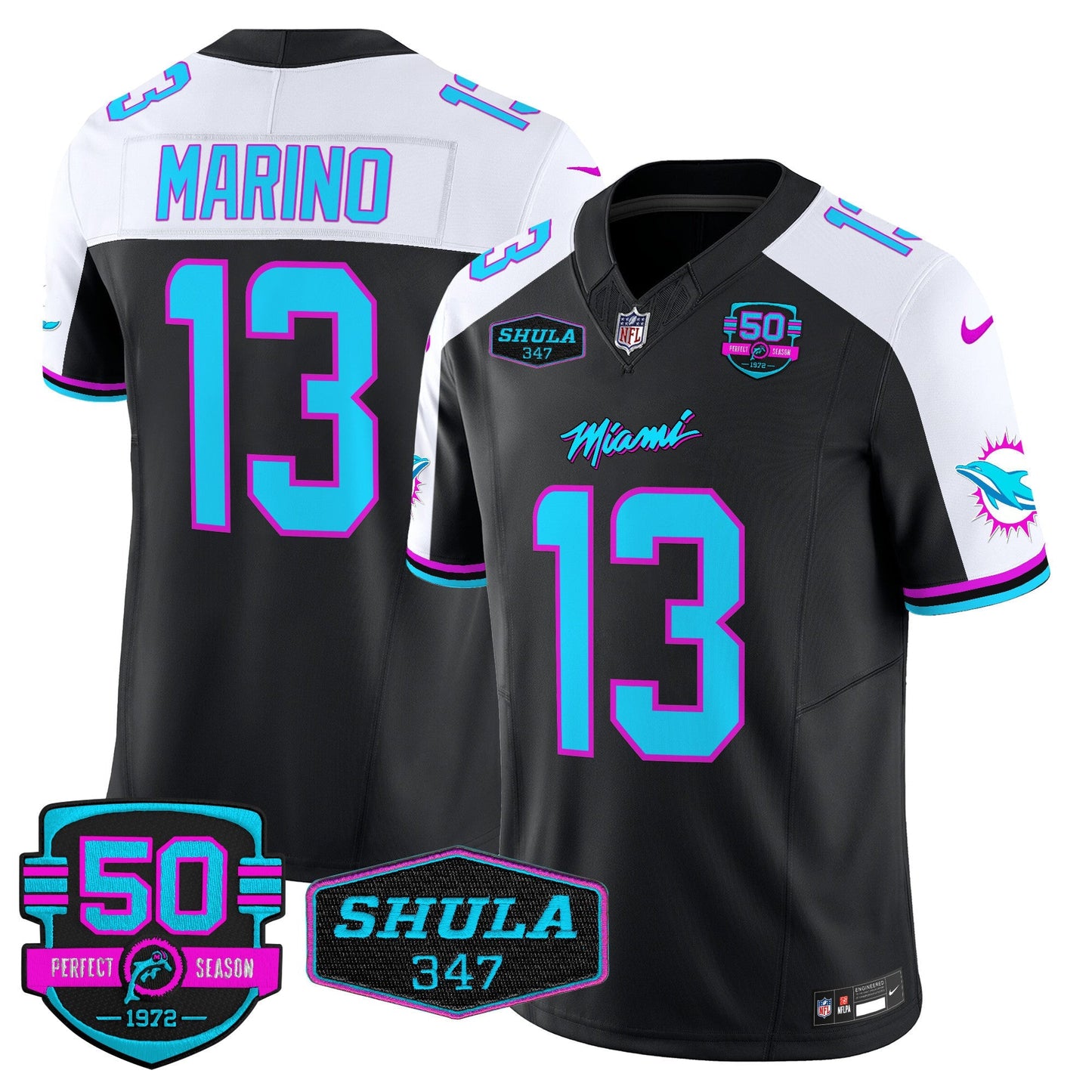 Dolphins "Miami Vice" Shula 347 & 50th Perfect Season Patch Vapor Limited Jersey  - All Stitched