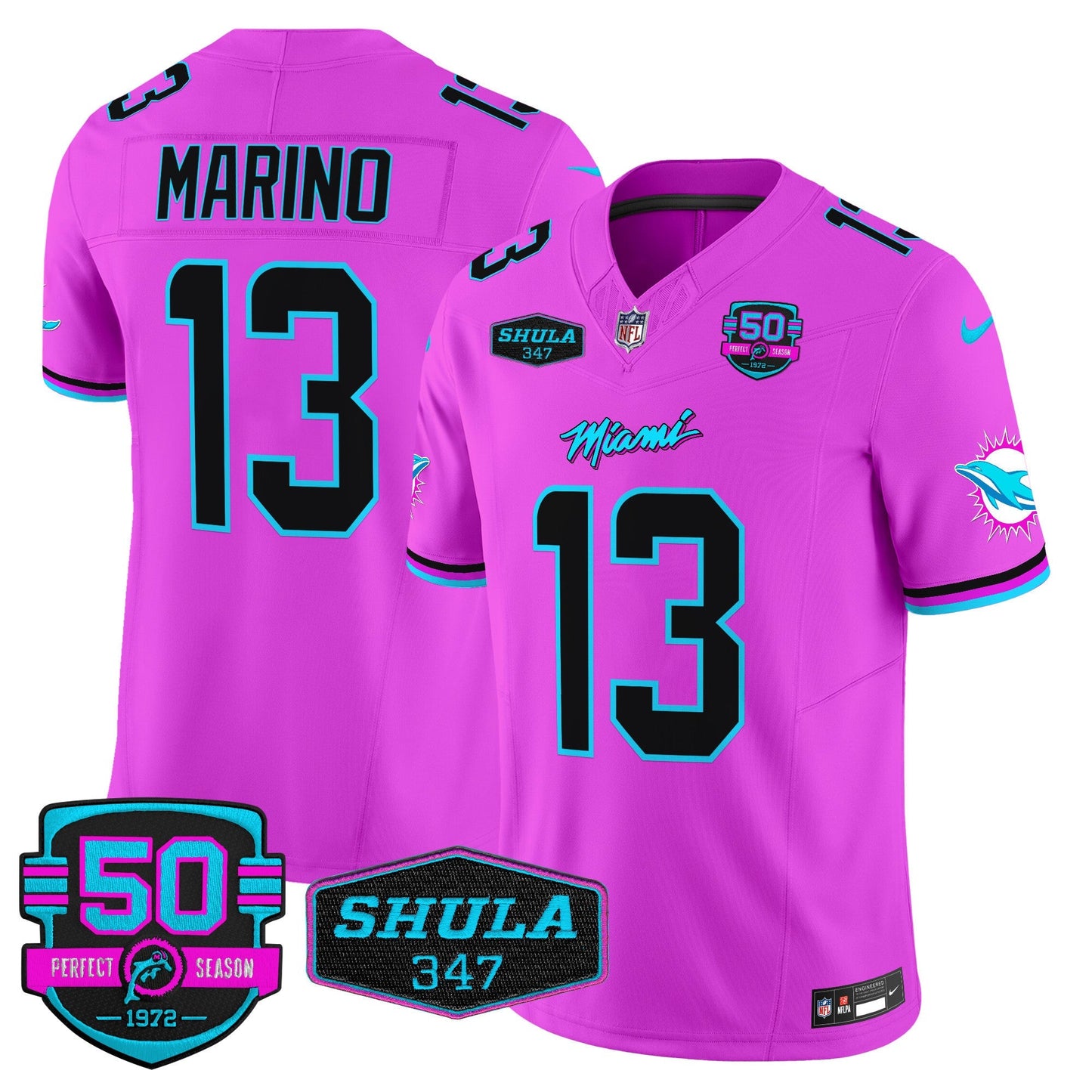 Dolphins "Miami Vice" Shula 347 & 50th Perfect Season Patch Vapor Limited Jersey  - All Stitched