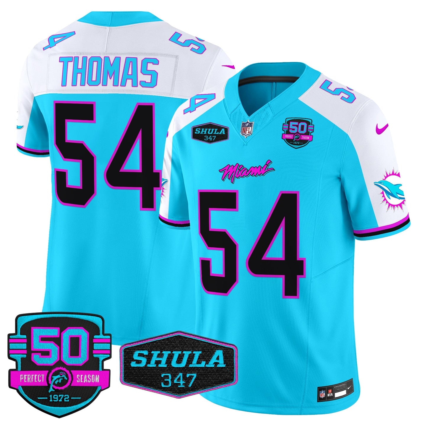 Dolphins "Miami Vice" Shula 347 & 50th Perfect Season Patch Vapor Limited Jersey  - All Stitched