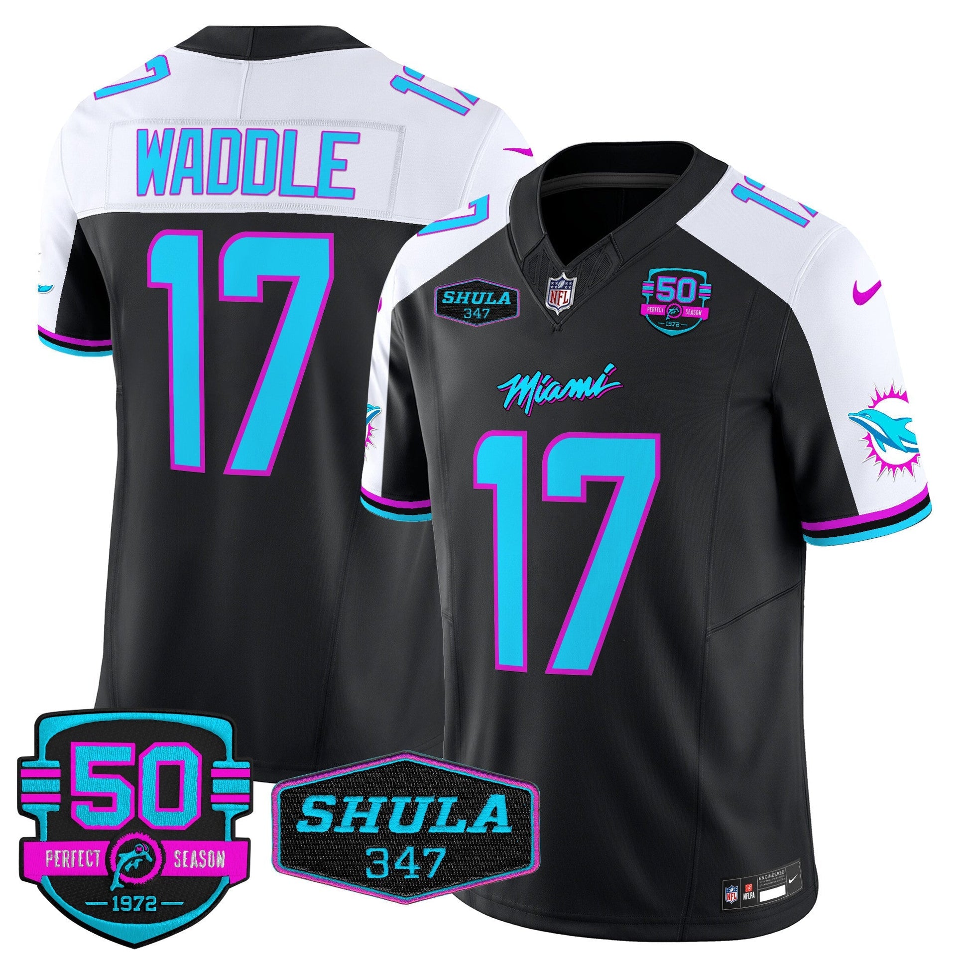 Dolphins "Miami Vice" Shula 347 & 50th Perfect Season Patch Vapor Limited Jersey  - All Stitched