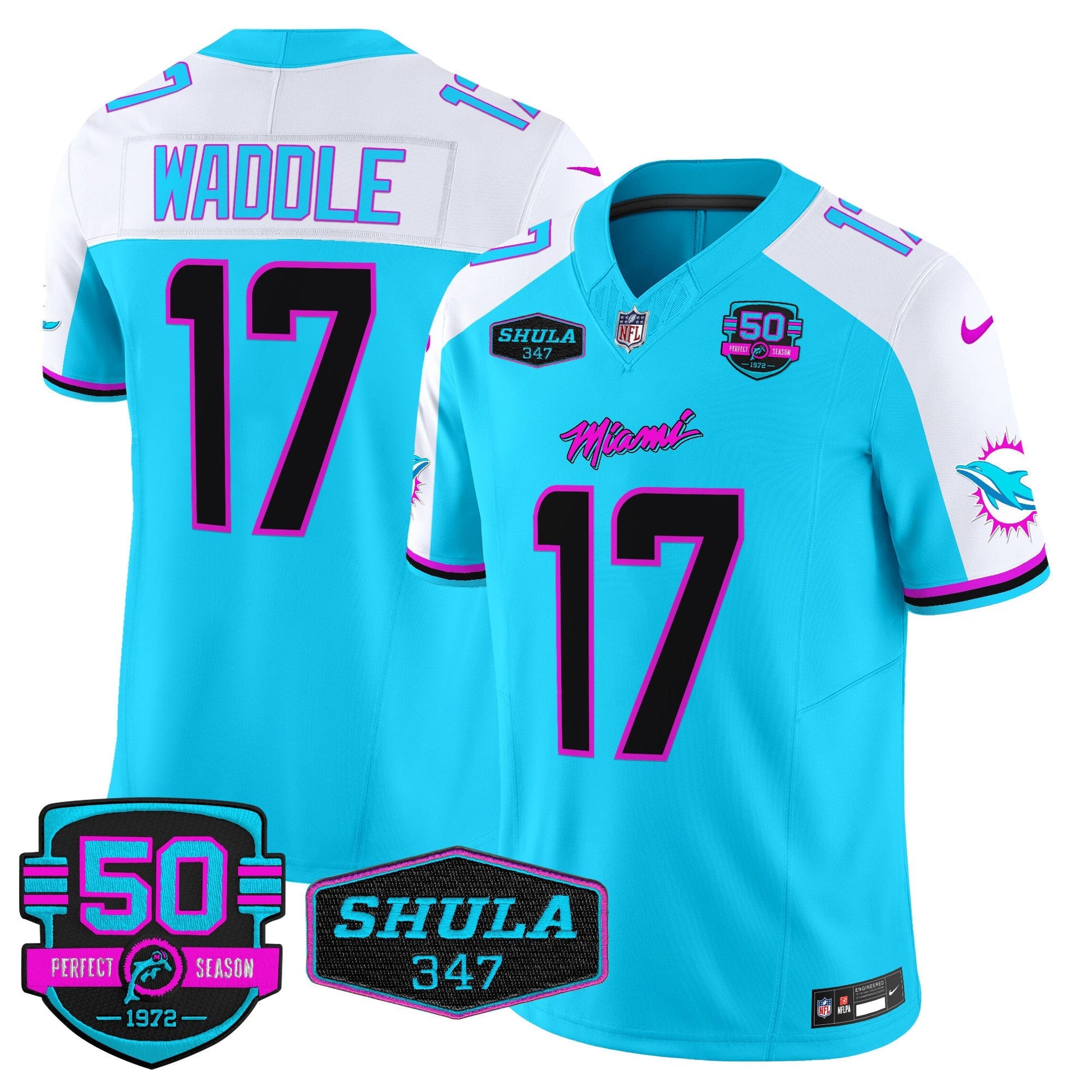 Dolphins "Miami Vice" Shula 347 & 50th Perfect Season Patch Vapor Limited Jersey  - All Stitched